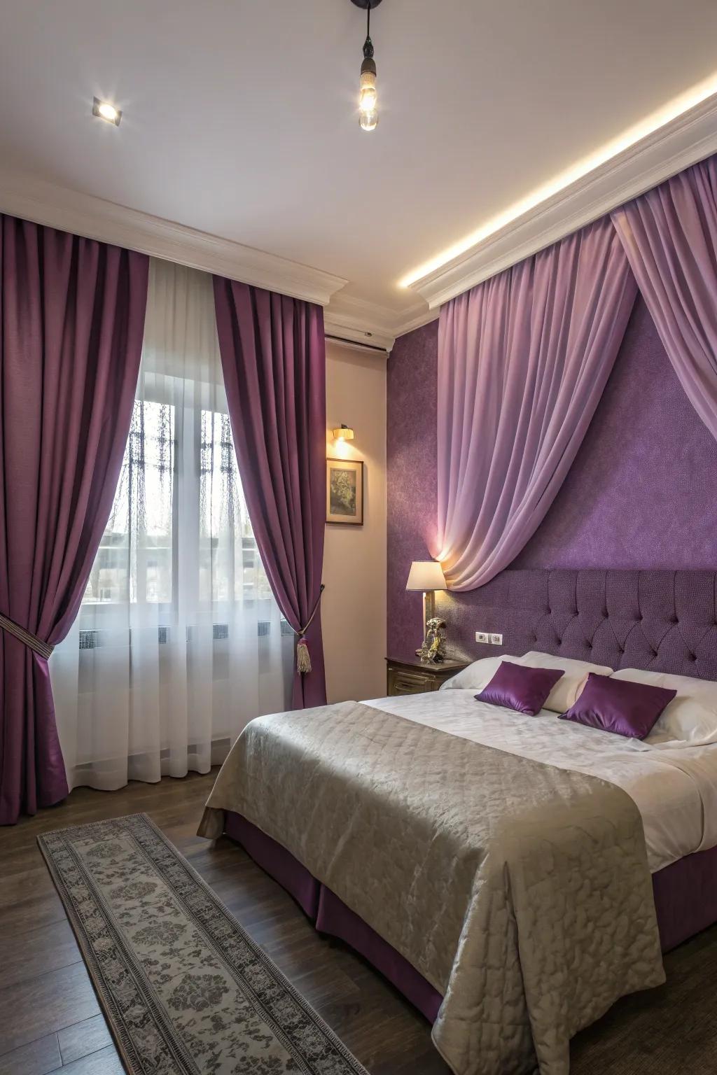Lavish window treatments adding elegance to purple walls.