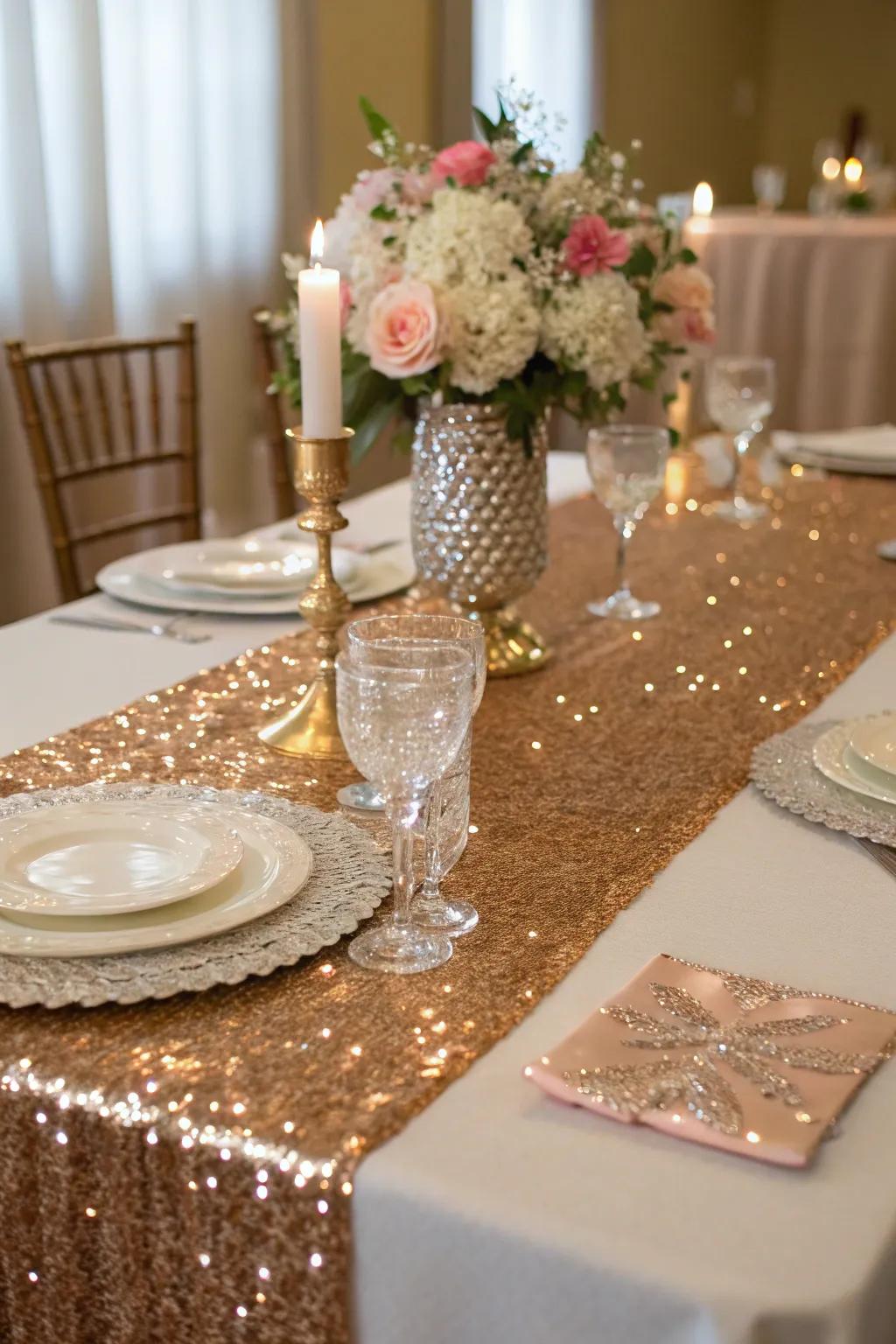 Glamorous table runners add sparkle and sophistication.