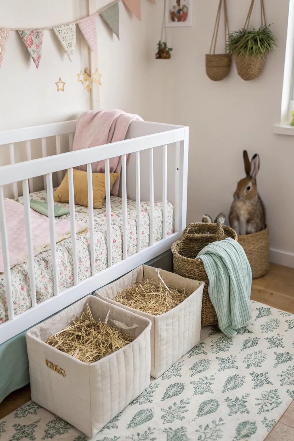 Under-crib storage makes the most of space for rabbit hay.