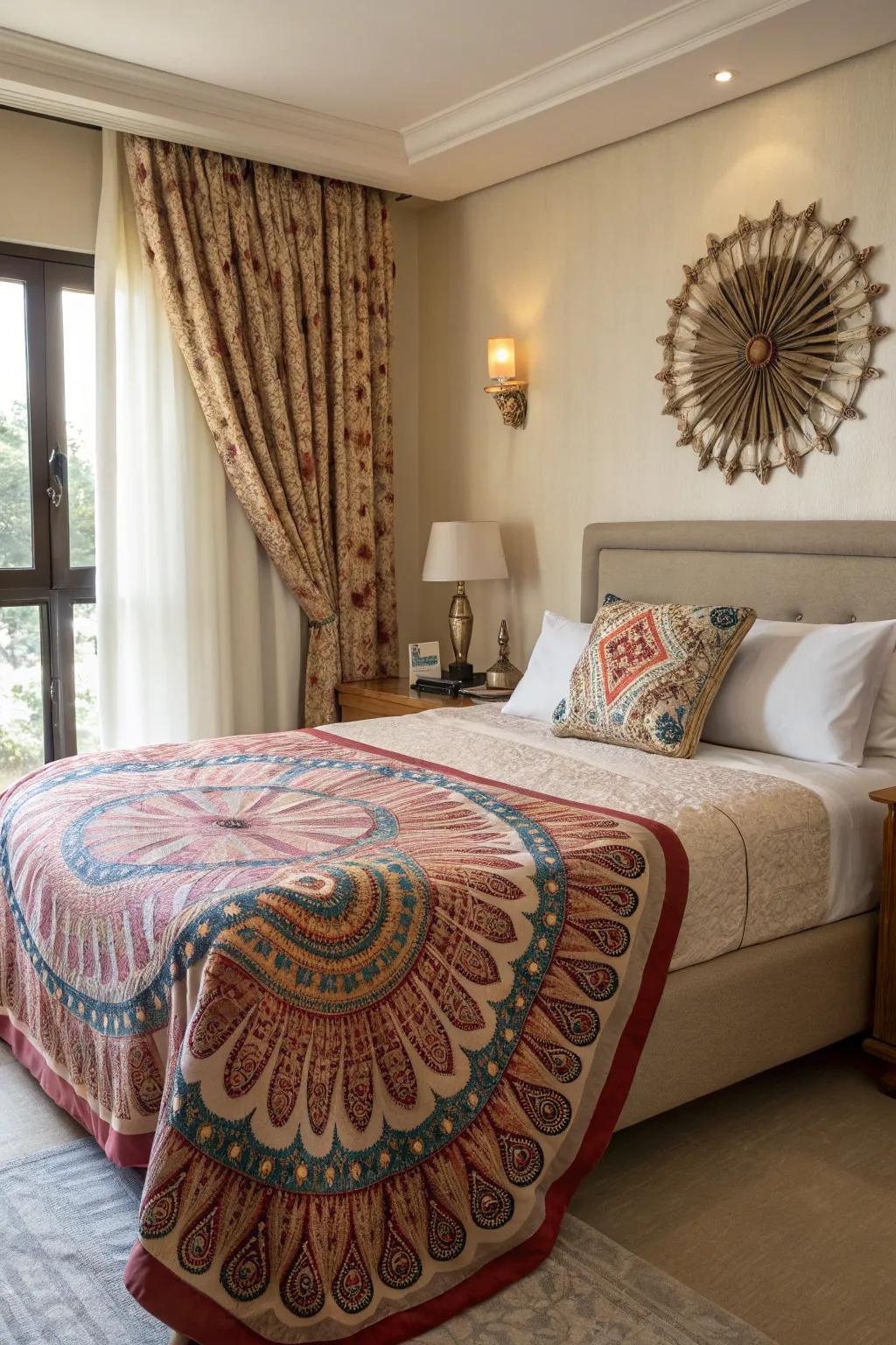A bedroom featuring fabric throws and curtains of radial design.