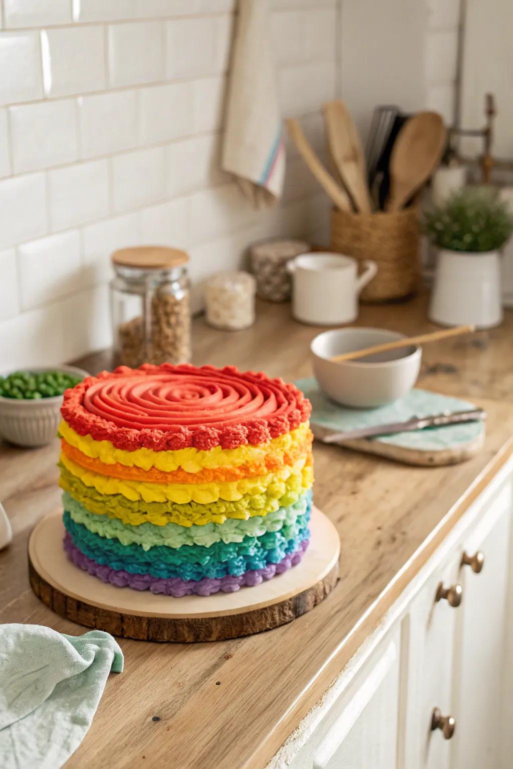 Textured buttercream contributes a rustic charm to the color spectrum confection.