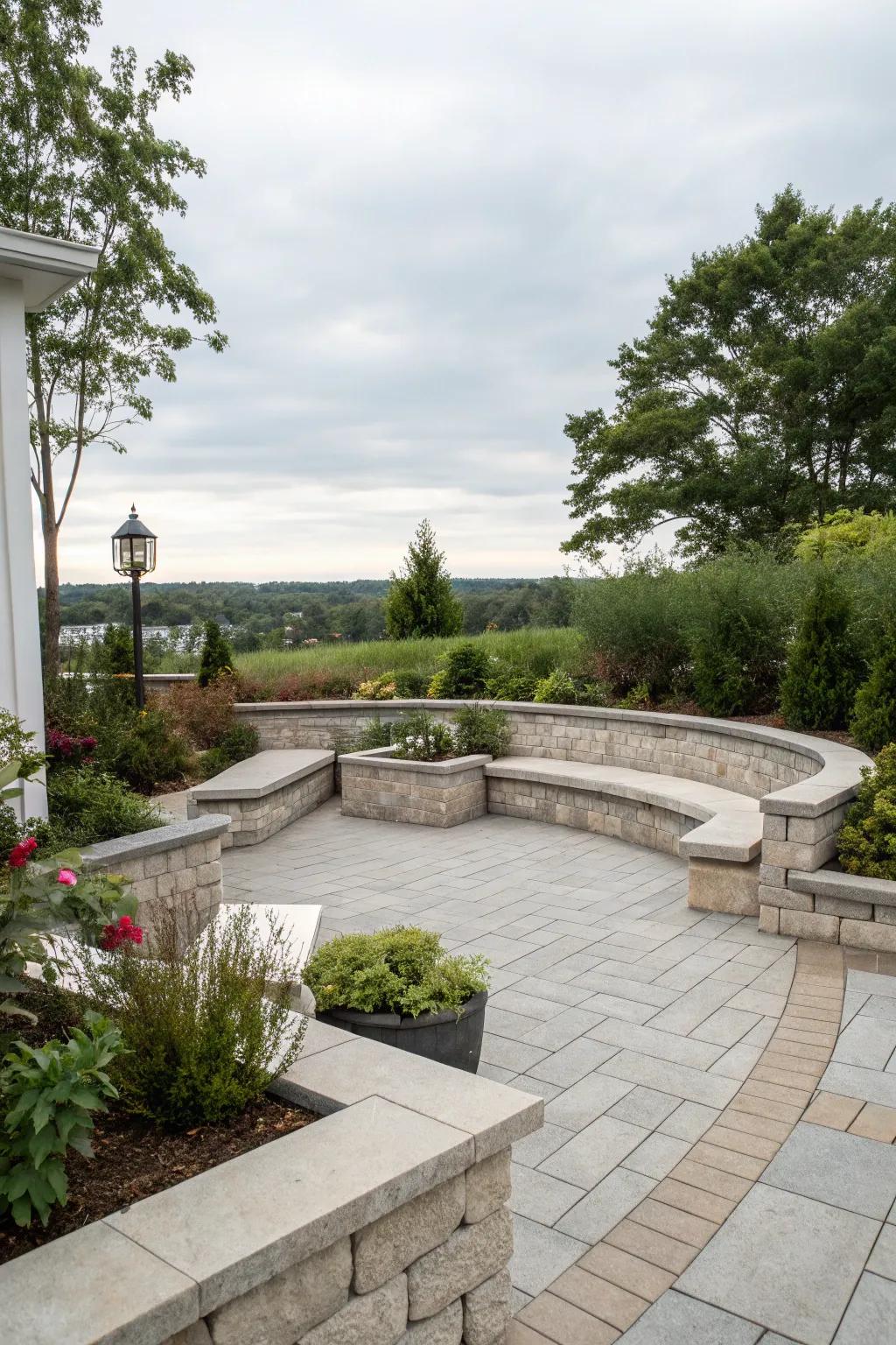 Seating walls integrate seating seamlessly into the patio design.