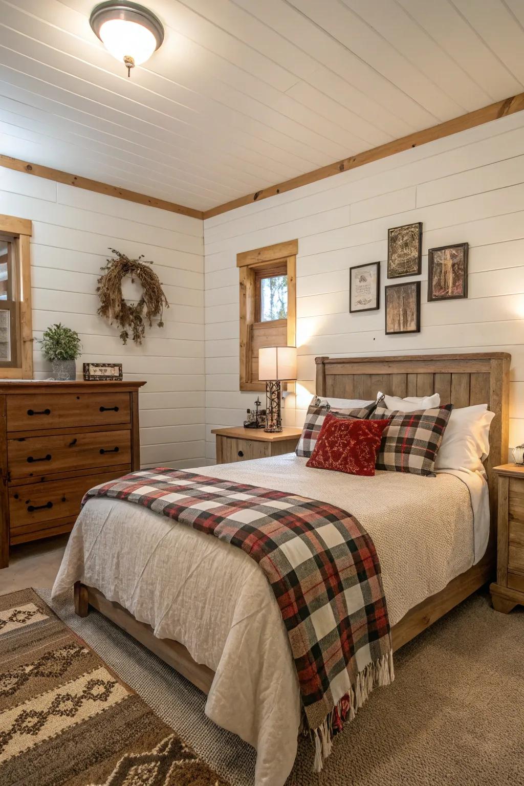 A bedroom featuring board clad walls and rustic decor elements.
