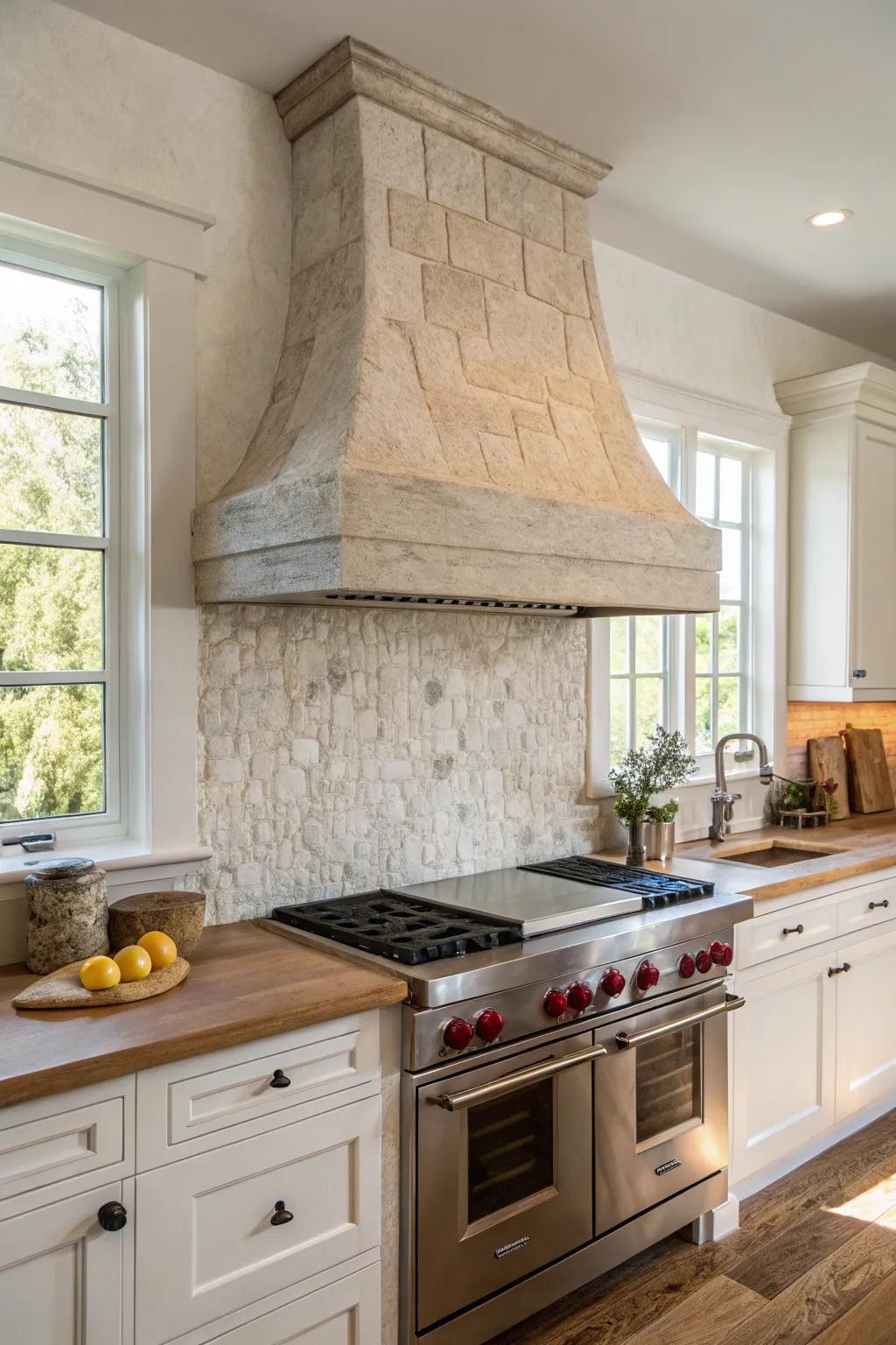 Kitchen with natural stone range hood and backsplash for an organic, timeless appeal.