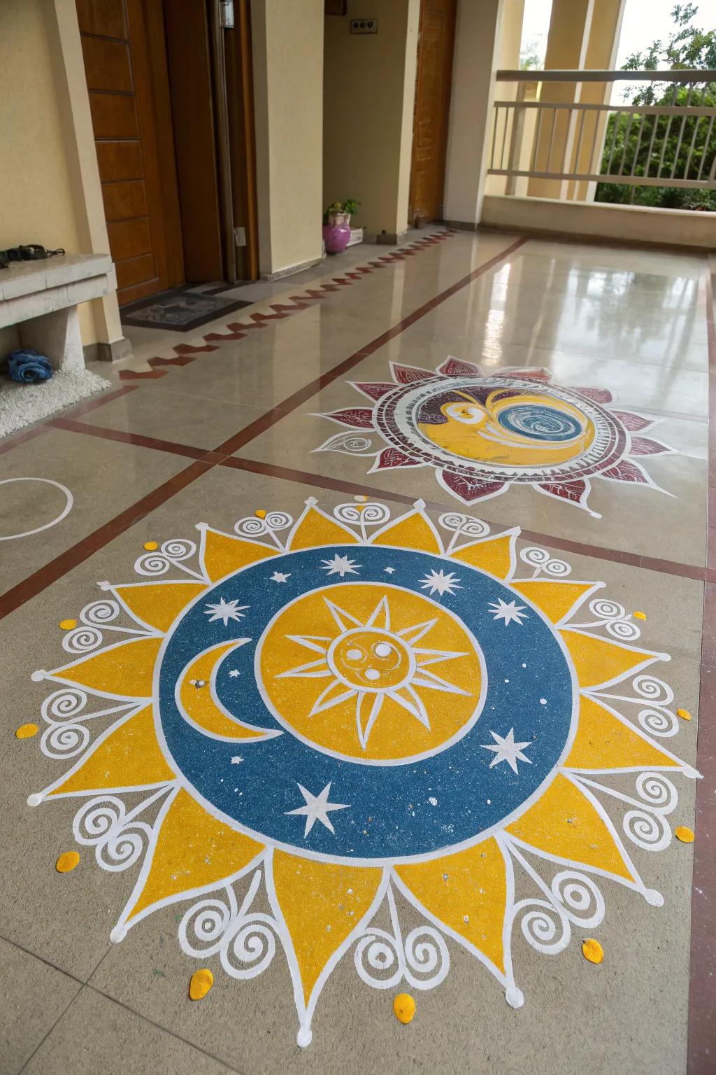 Celestial themes introduce an enchanting touch to this nature-inspired rangoli.