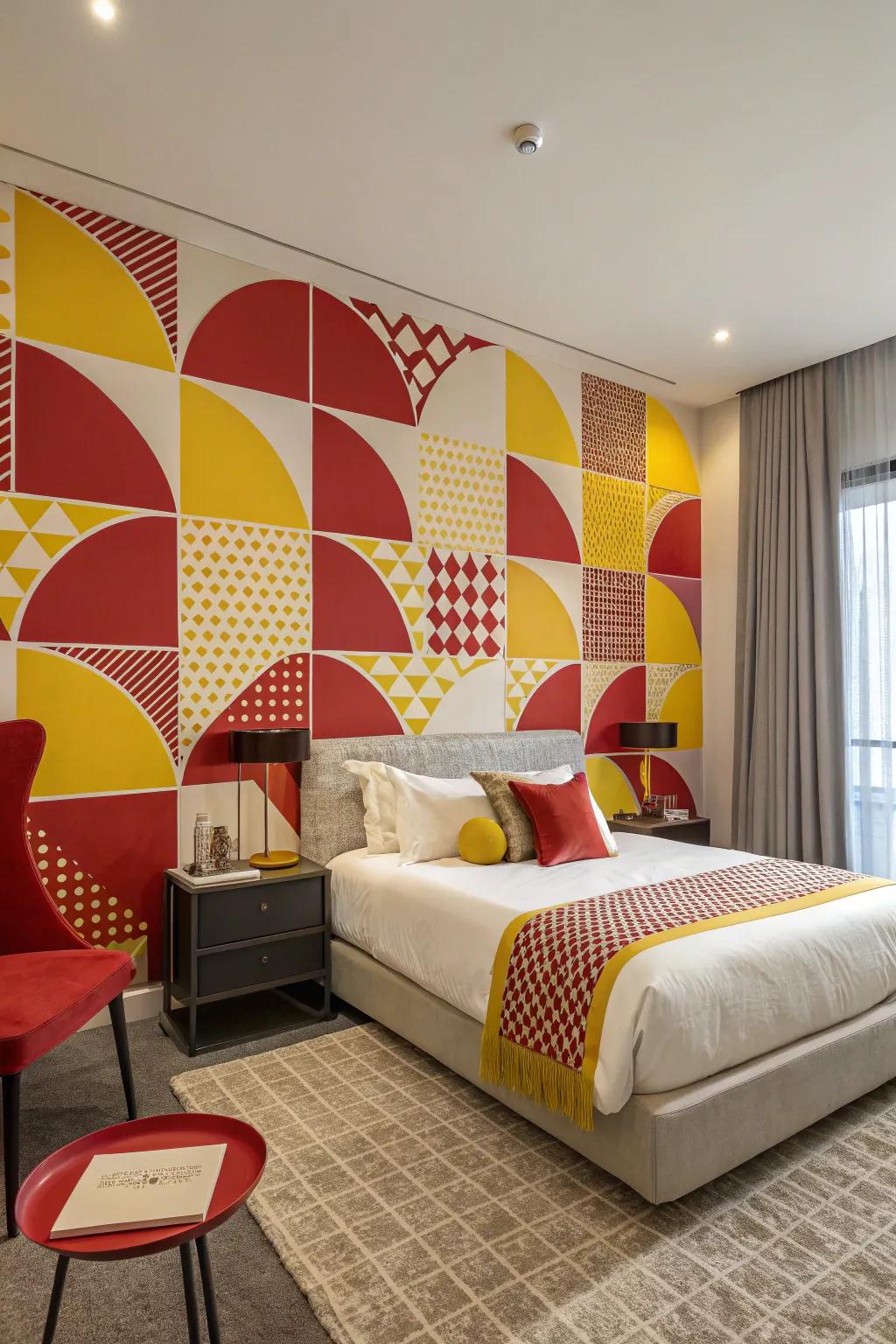 Geometric wall art adds a modern and vibrant flair to this bedroom.