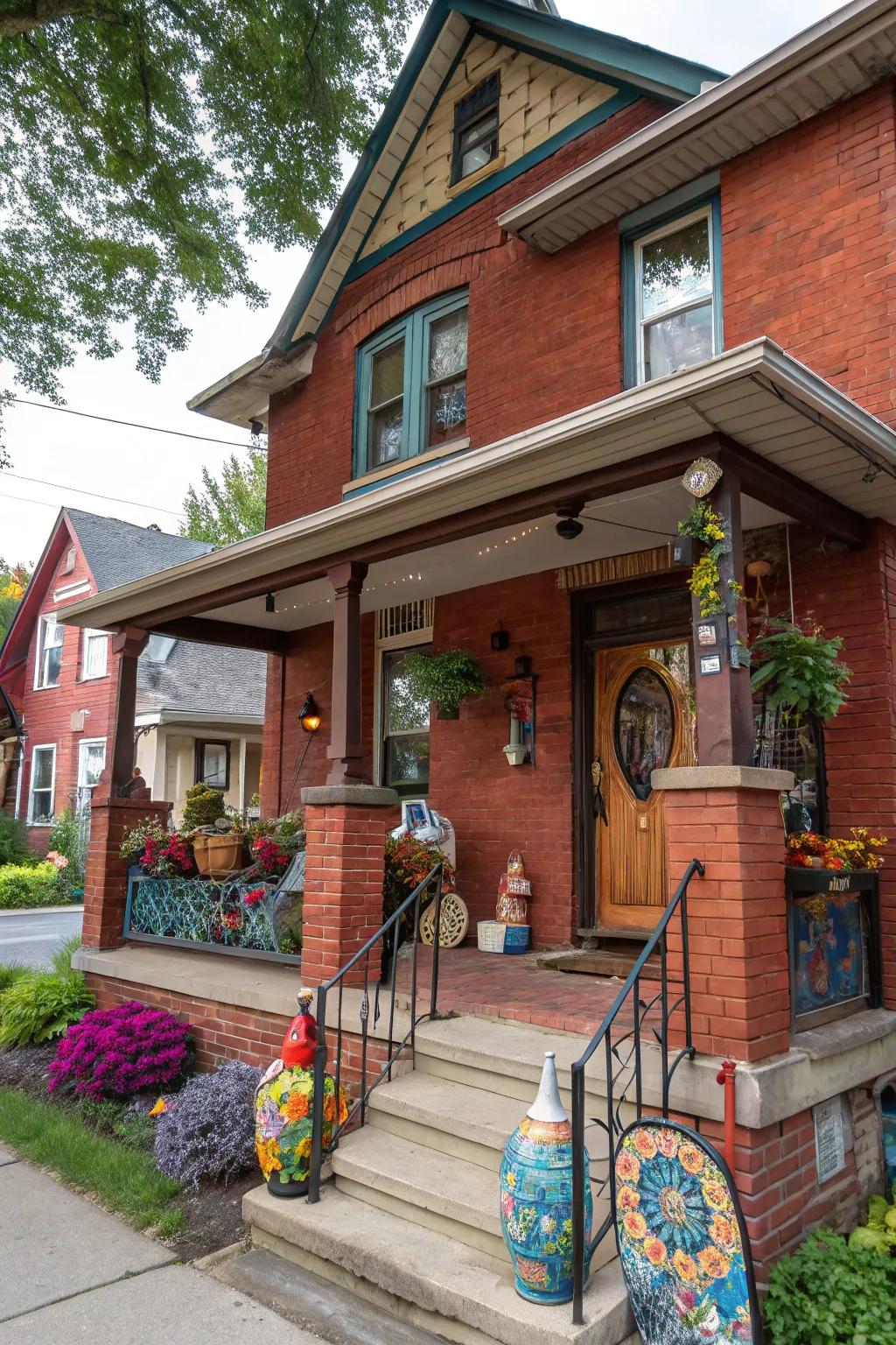 Artistic collectibles add personality and charm to this red brick porch.