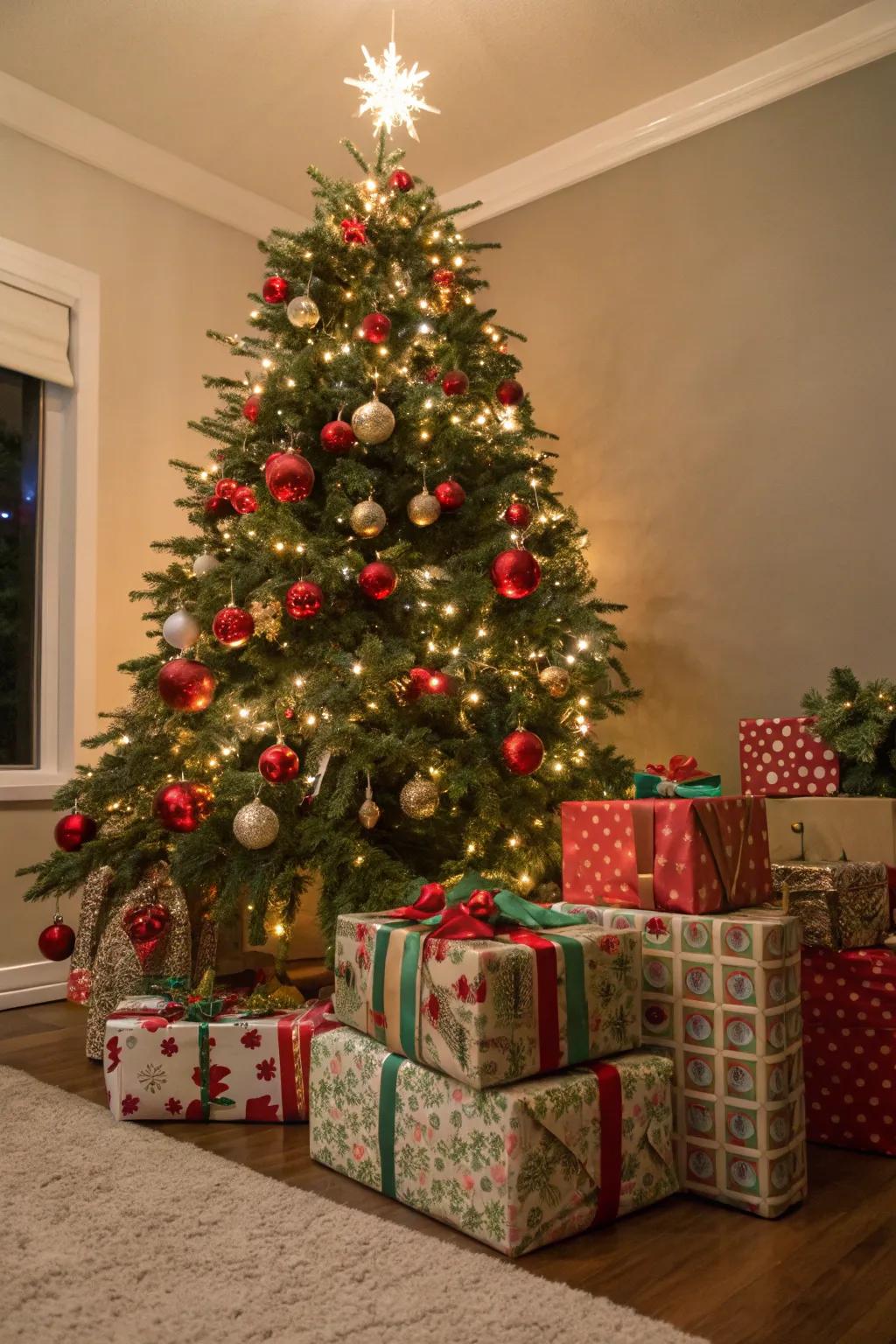 Coordinated gifts enhance the tree's overall aesthetic.