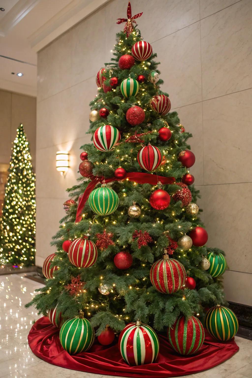 Striped ornaments add a playful twist to this traditional tree.