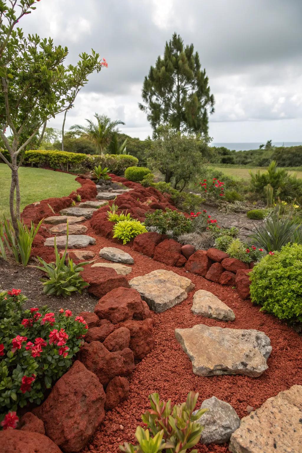 Artistic formations of scarlet igneous stones impart an imaginative aspect to the garden.