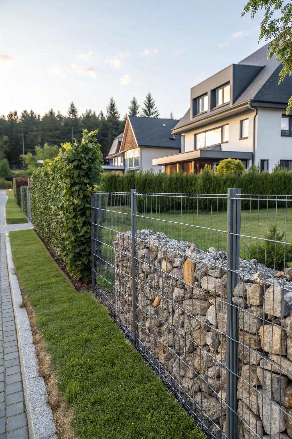 Gabion walls combine raw materials for a textural and durable fence.