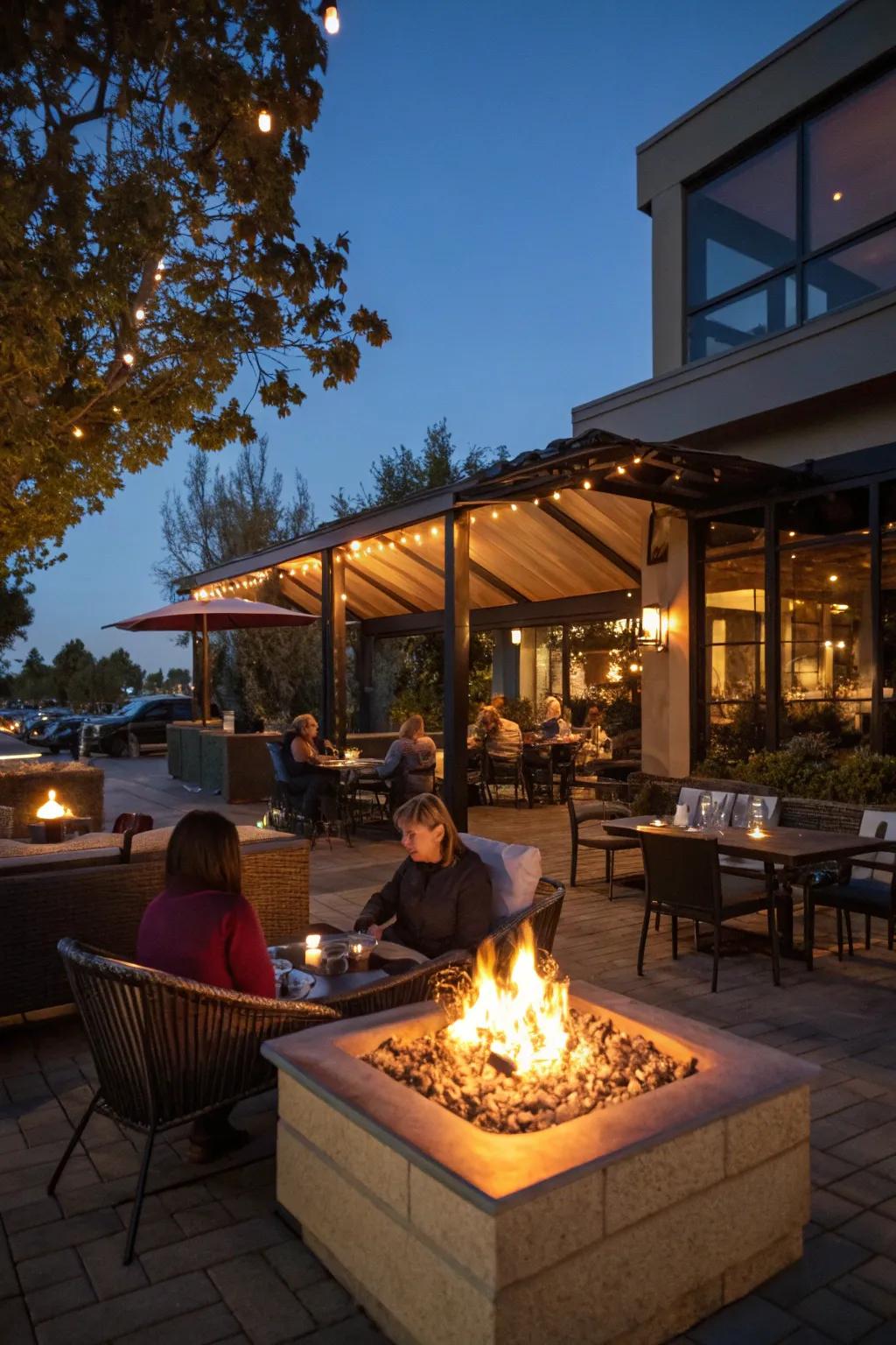 A fire pit contributes warmth and ambiance to outdoor gatherings.