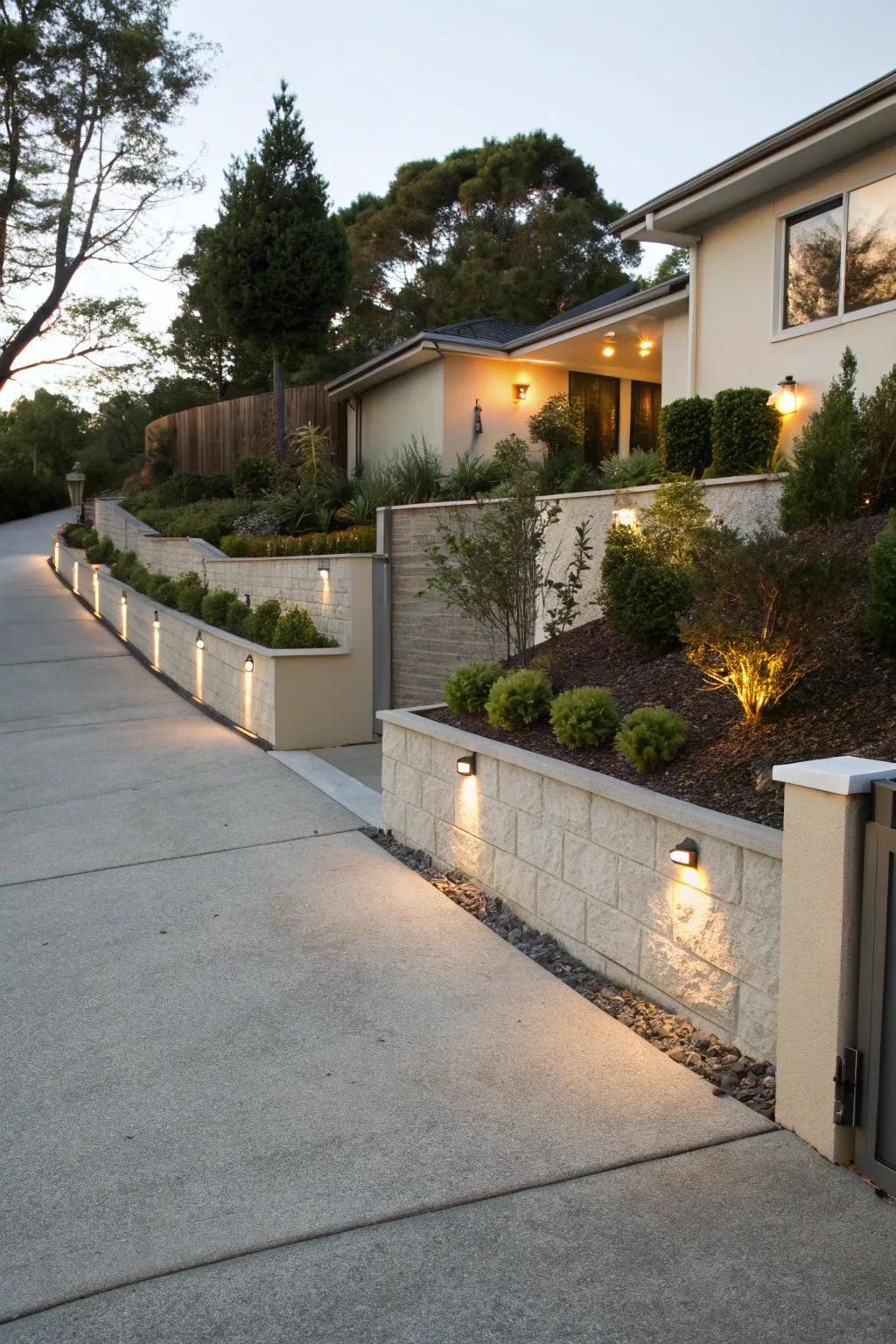 A residential driveway stylishly framed by landscape walls, enhancing curb appeal.