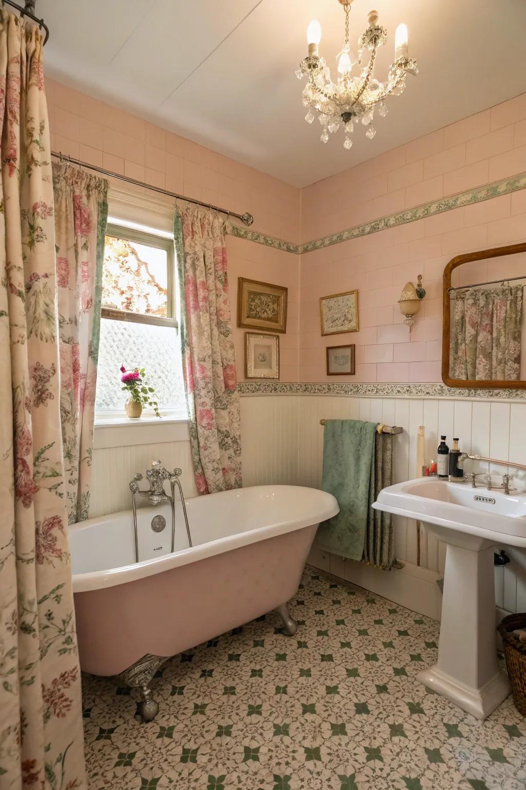 Delicate tinted fixtures add a gentle, calming touch to a retro bathroom.