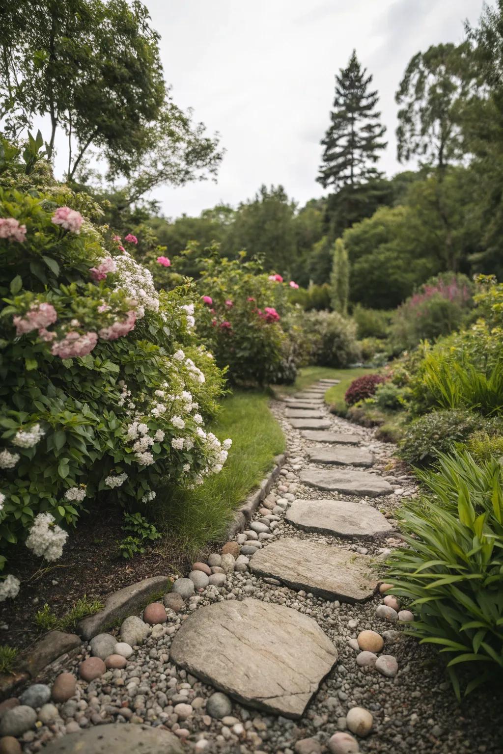 Enhance pavers with a smooth pebble surround.