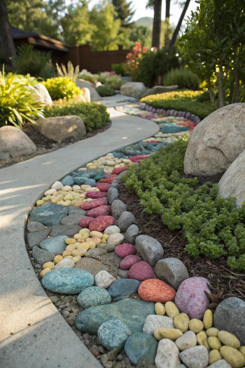 A colorful arrangement of river rocks brings visual interest to this garden setting.