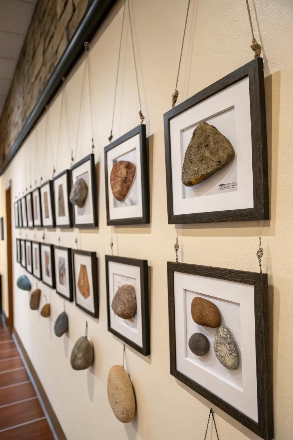 Suspended frames turning stones into wall art