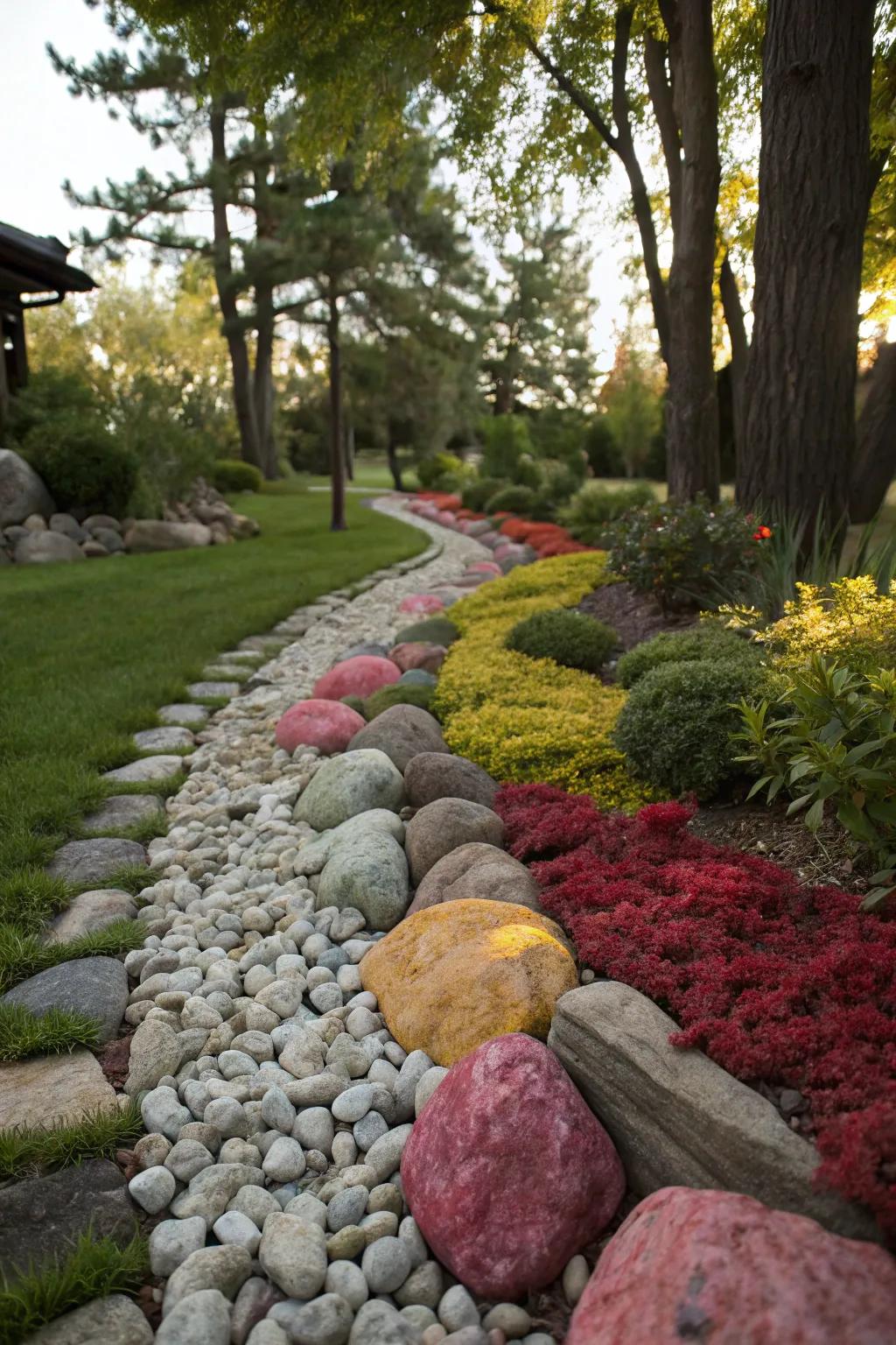 Opposing stone colors making a garden border stand out beautifully.