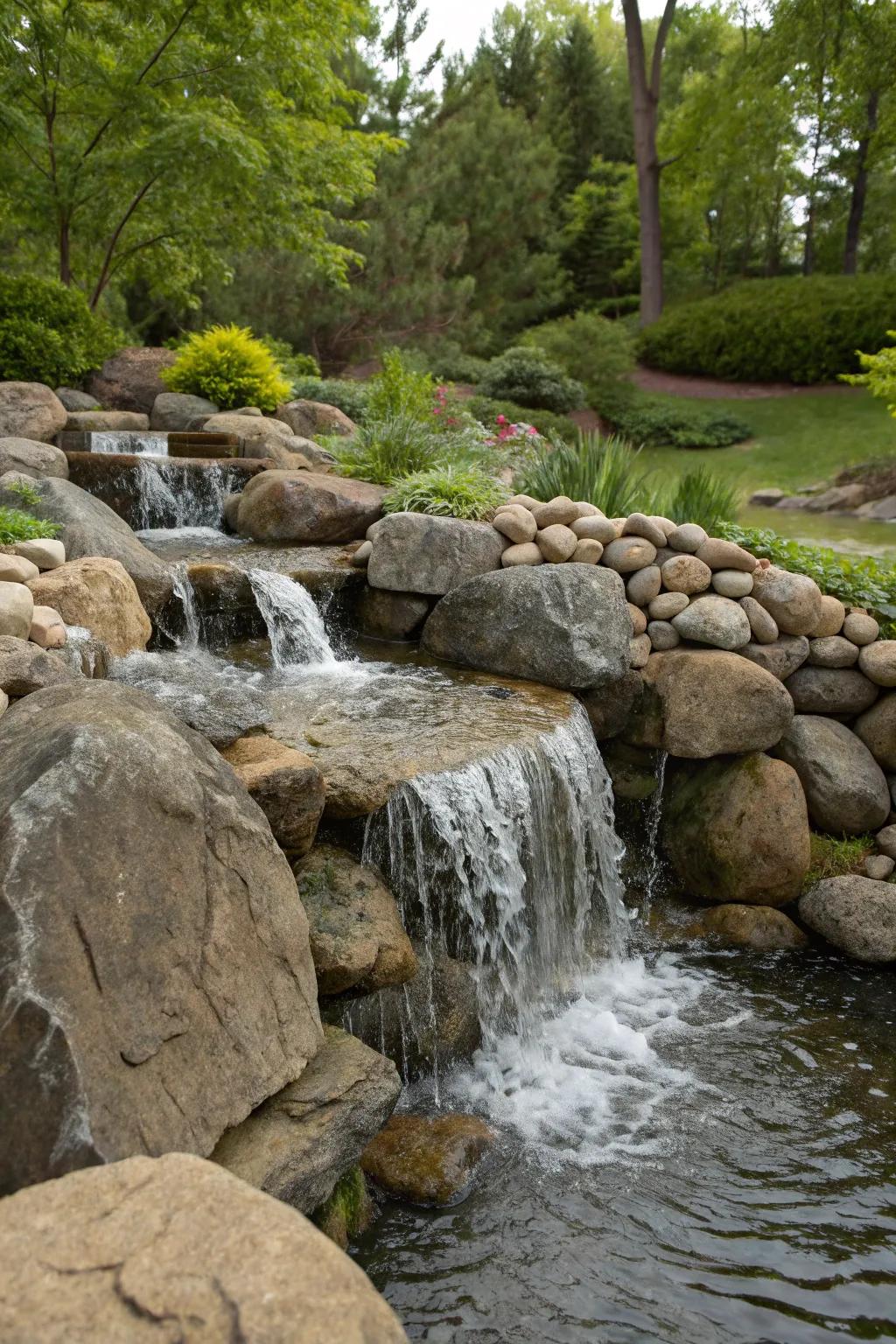 A waterfall feature gives sound and motion to a rock garden.