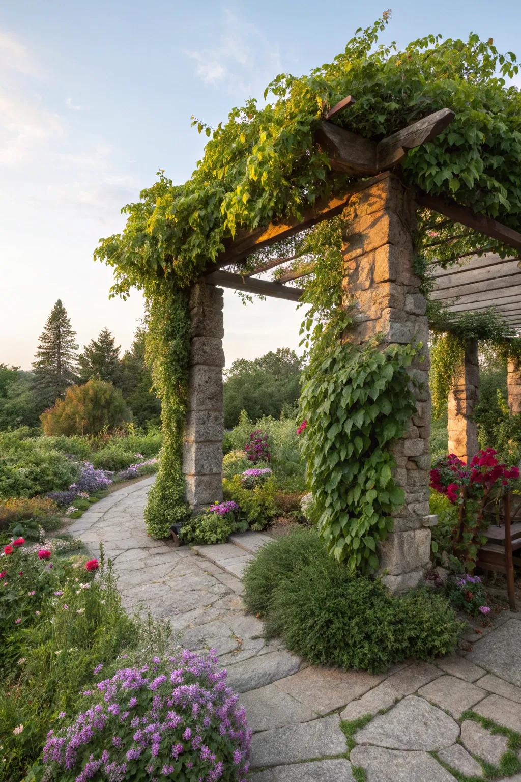 A stone overhang offers shade and supports vibrant greenery.