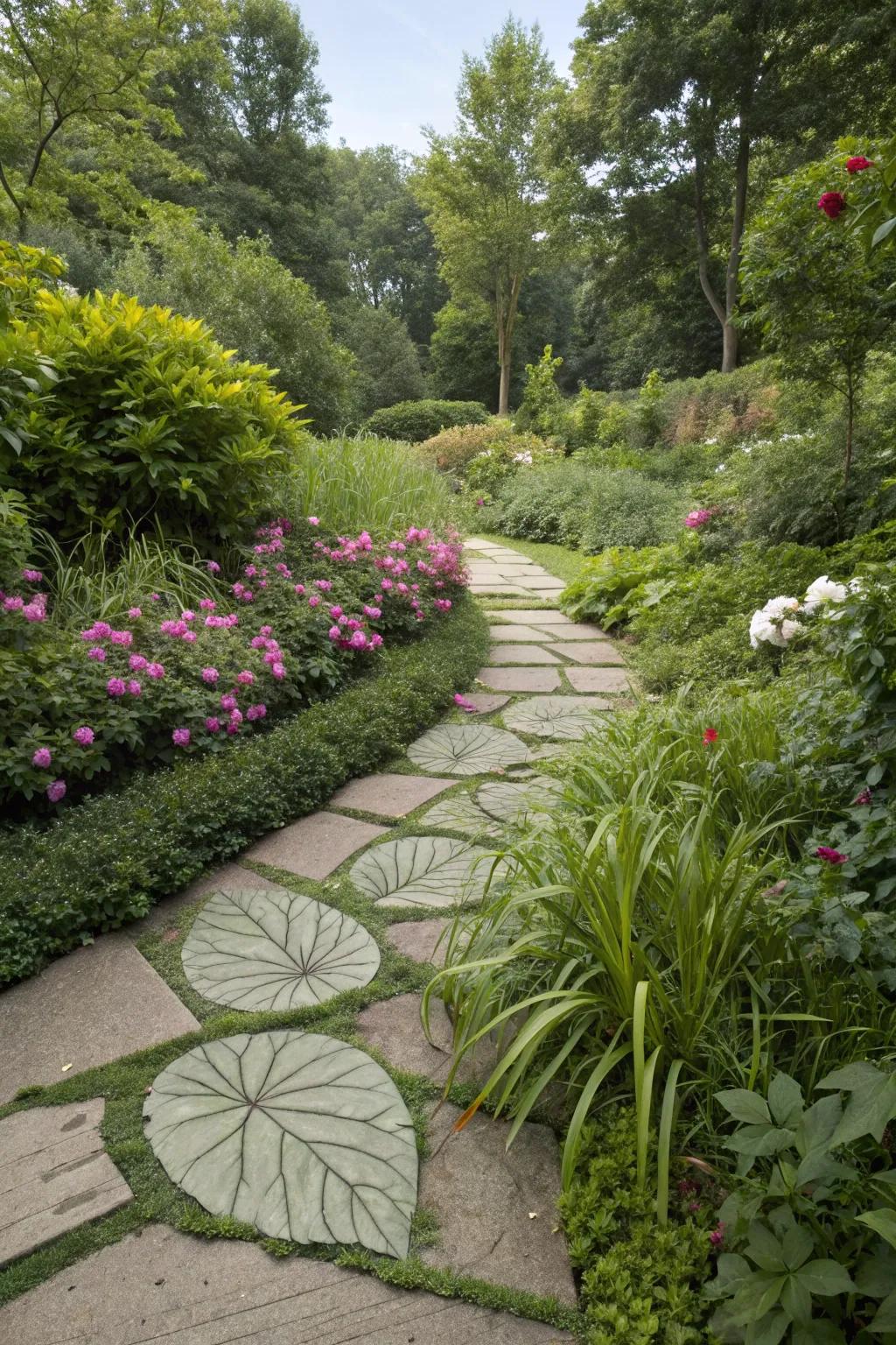 Foliage-formed stones add a playful touch to garden trails.