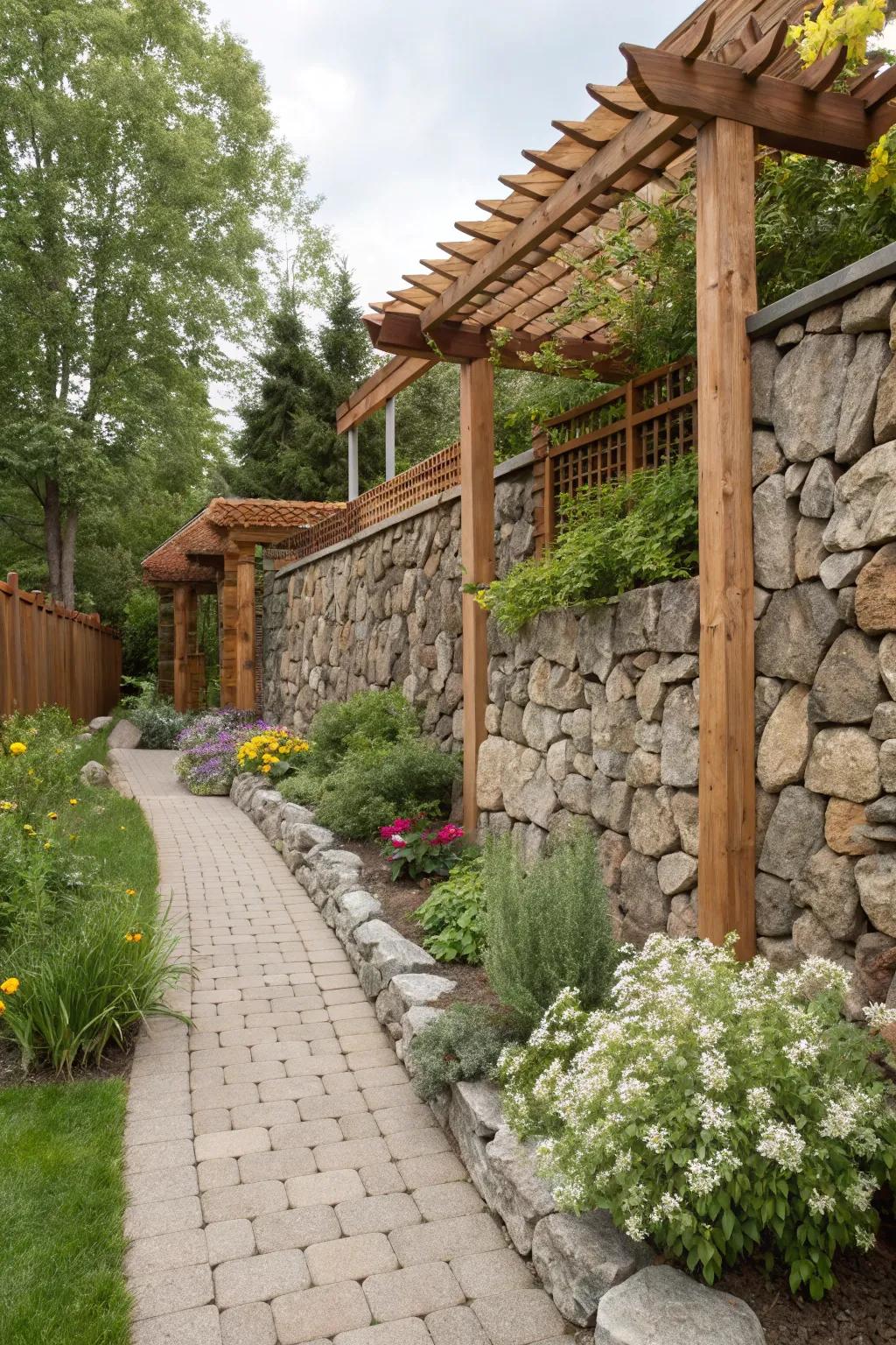 Varied materials like timber and stone engender an eclectic garden allure.