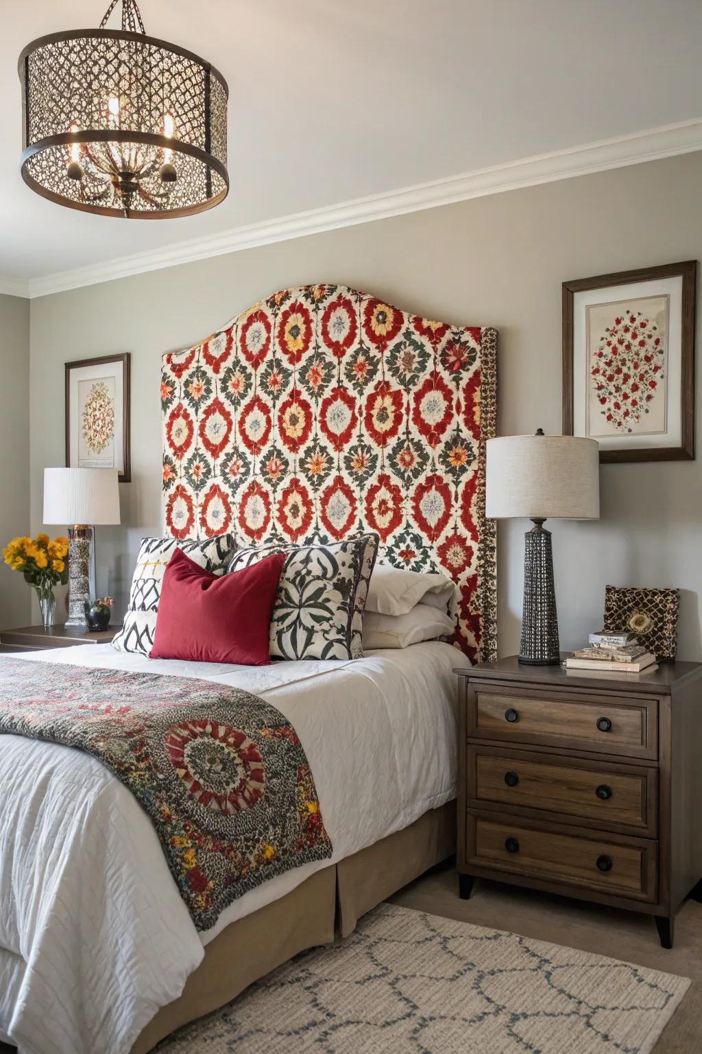 A dramatic headboard serves as a striking focal point.