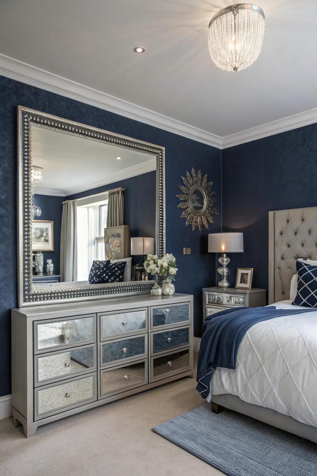 Mirrored accents reflect light and introduce a hint of glamour.