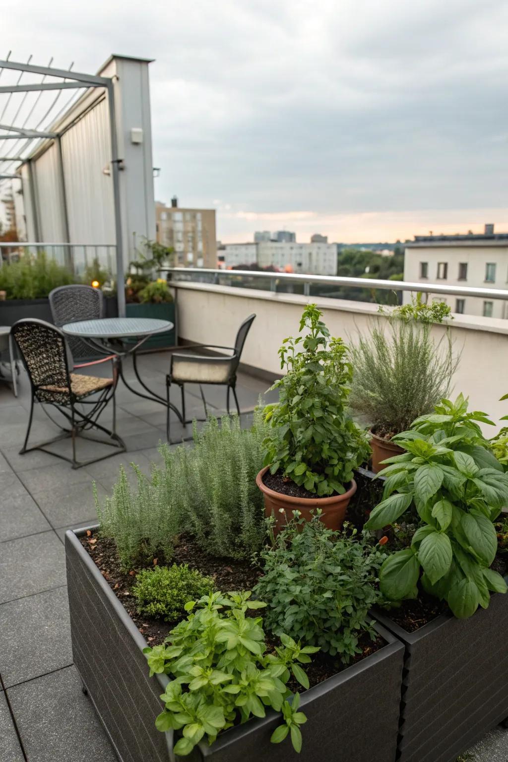 A miniature herb spot introduces practicality and aroma to your rooftop.