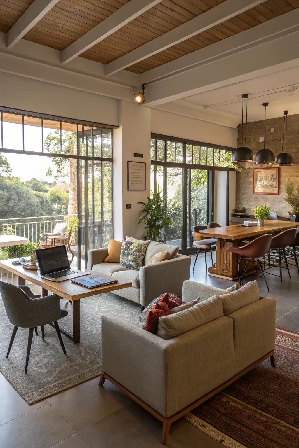 Distinct sections in an open-plan room for various activities.