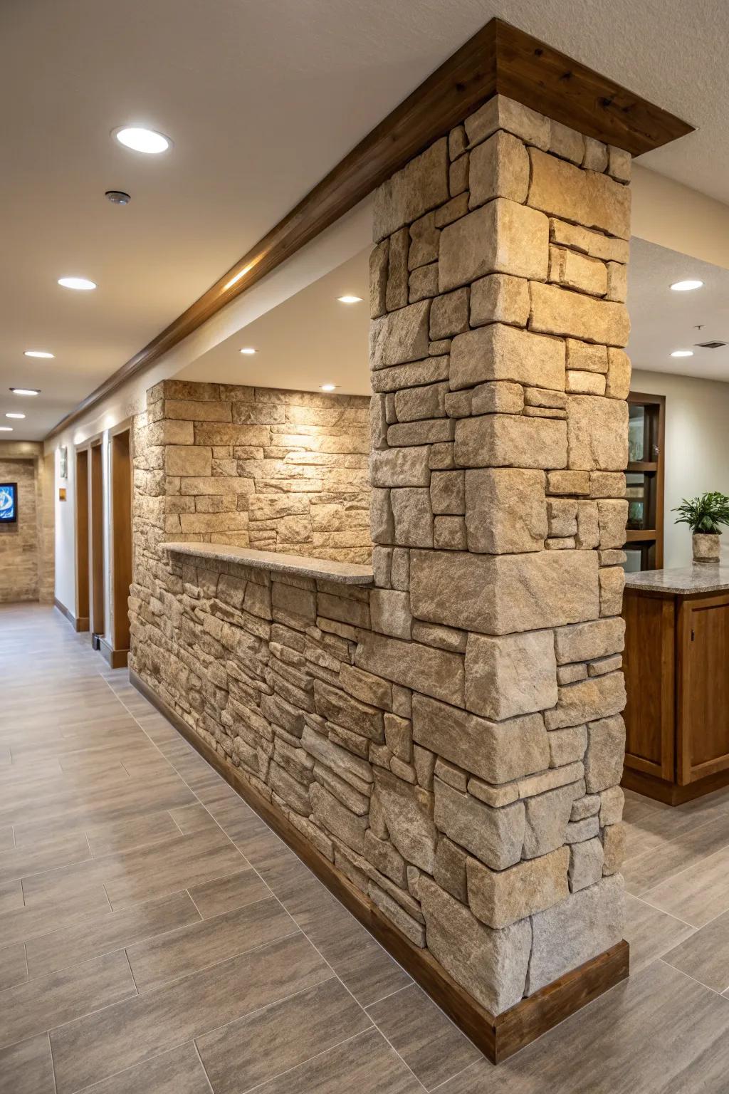 An interior space with a textured stone half wall providing depth and intrigue.