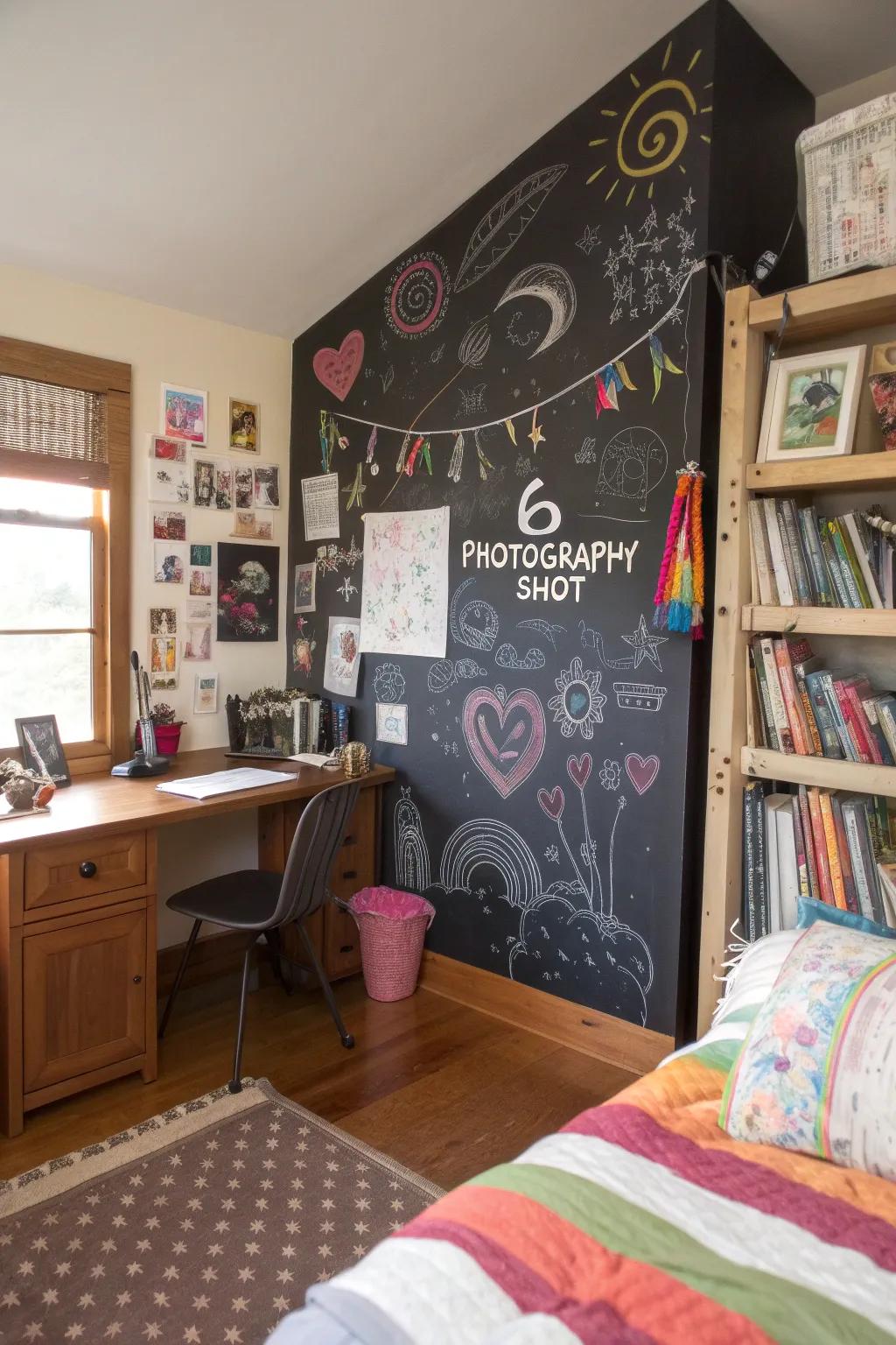 A chalkboard wall incorporates a playful and interactive aspect.