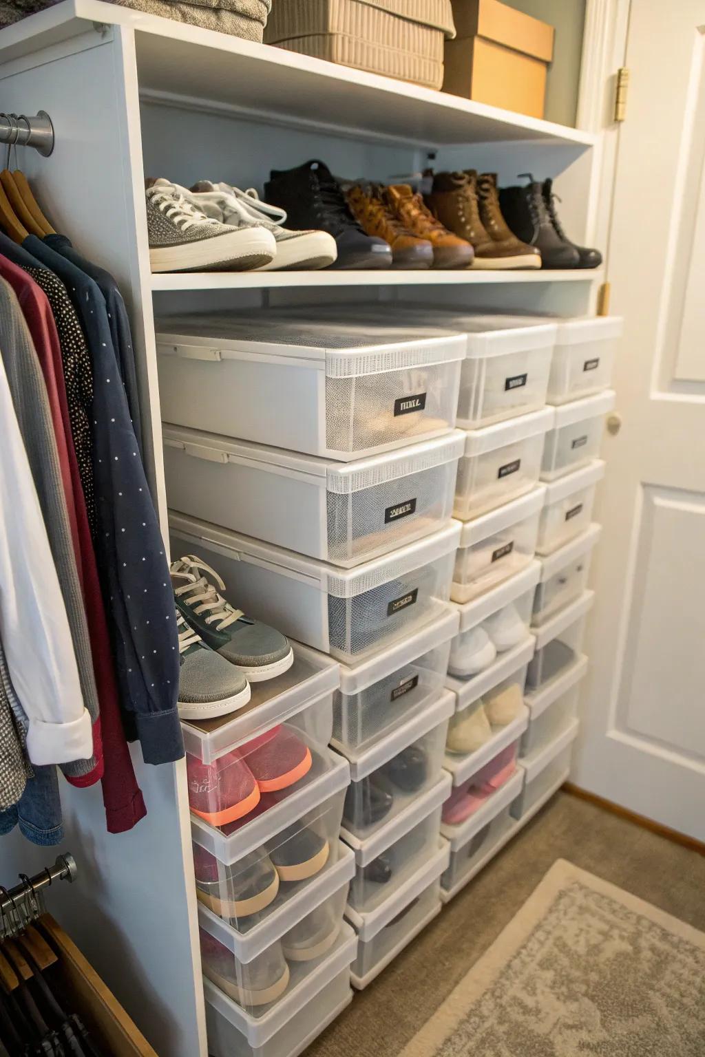 Stackable storage maximizes space and keeps items organized.