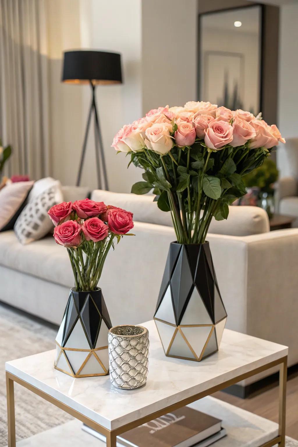 Contemporary twist manifests from roses placed within geometric vases.