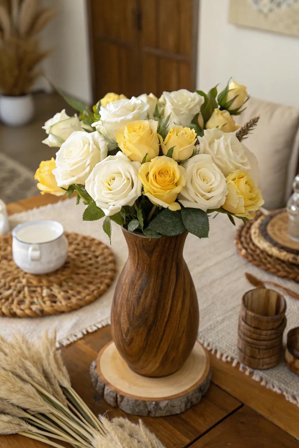 Natural Warmth with Wood Vase and Roses