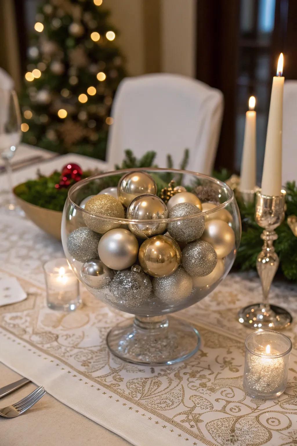 Metal spheres within a clear bowl incorporate a glamorous shine to your home design.