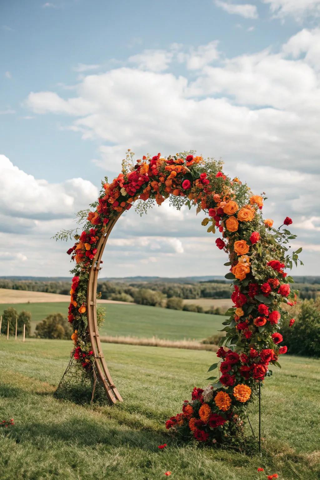 A vibrant circular wedding arch with striking colors.