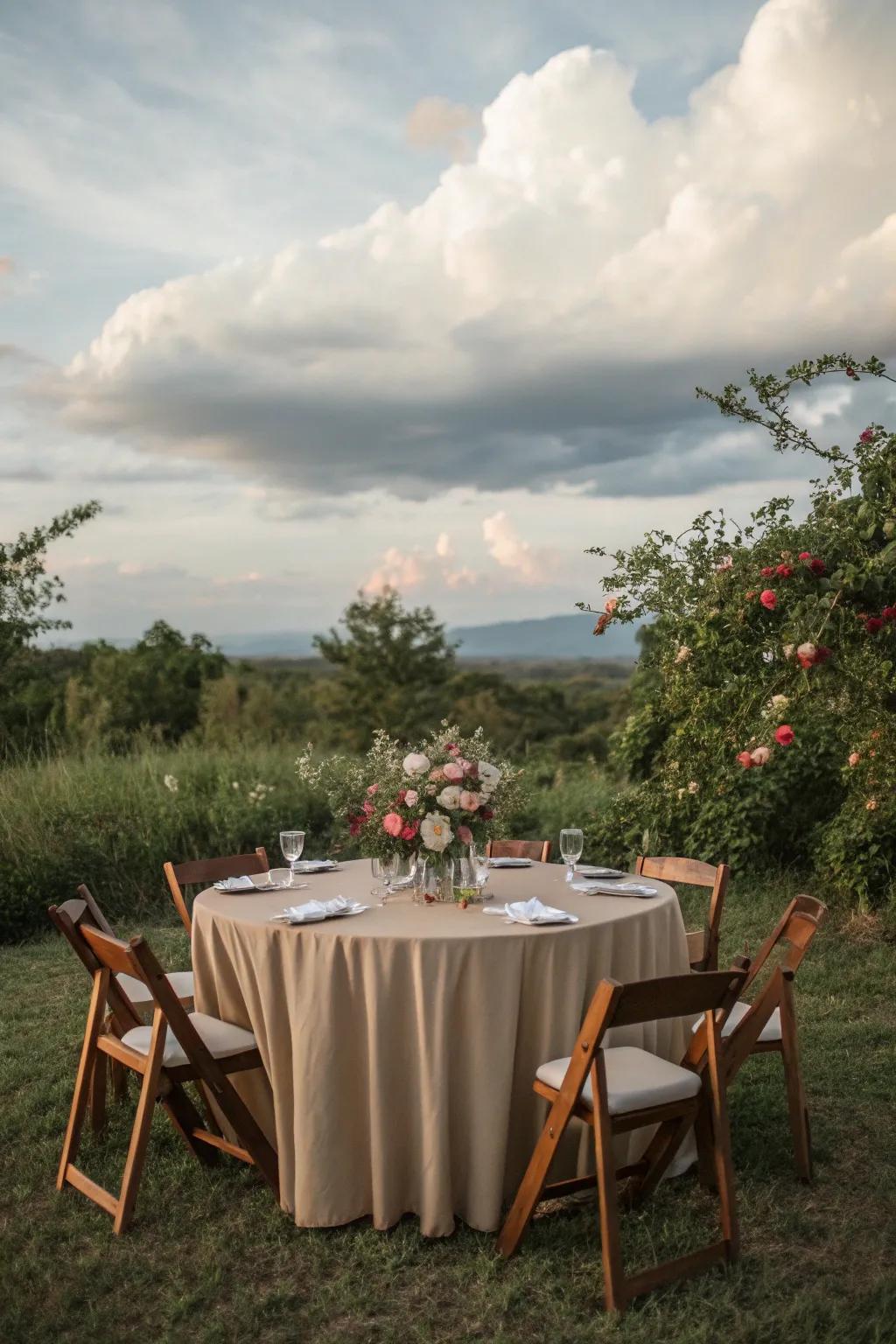 Ground-toned table covering blending with natural surroundings.