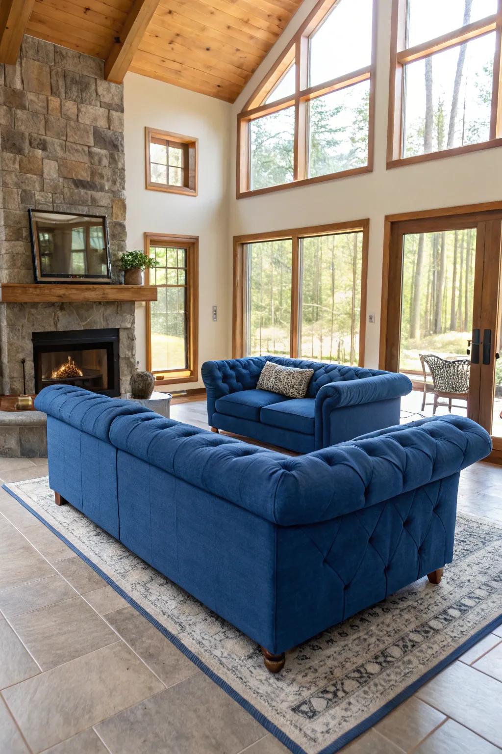 An unrestricted design with the sapphire settee as a point of interest enhances the room's spacious feel.