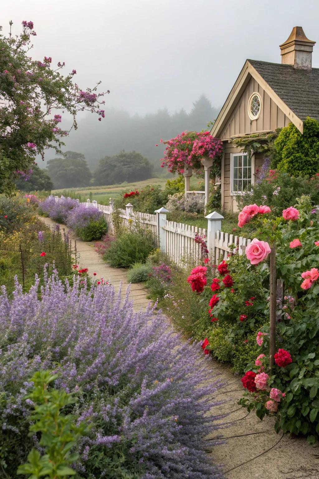 A romantic cottage garden with Azure Beauty and roses.