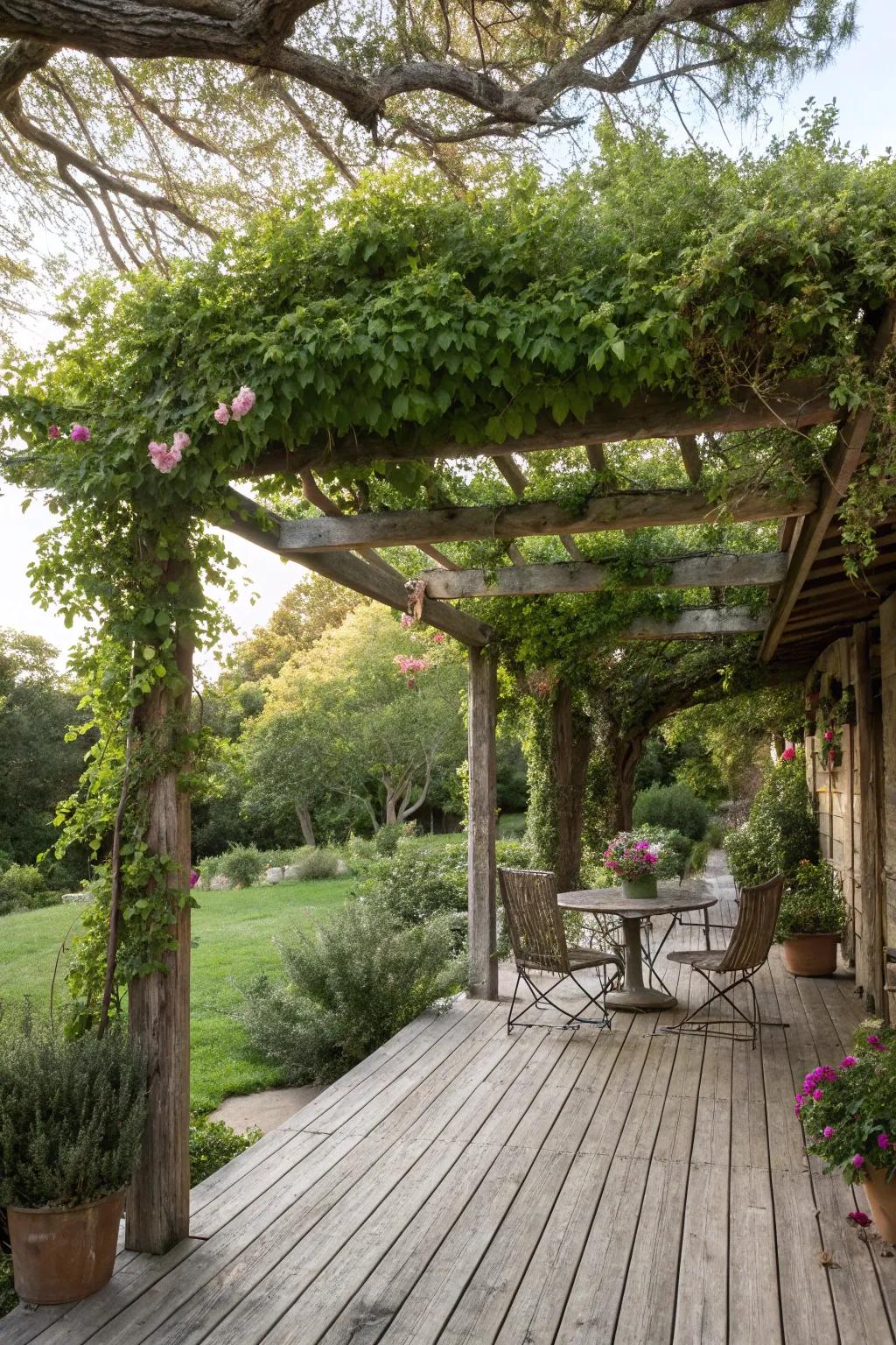 Arbor awnings offer countryside and airy charm.