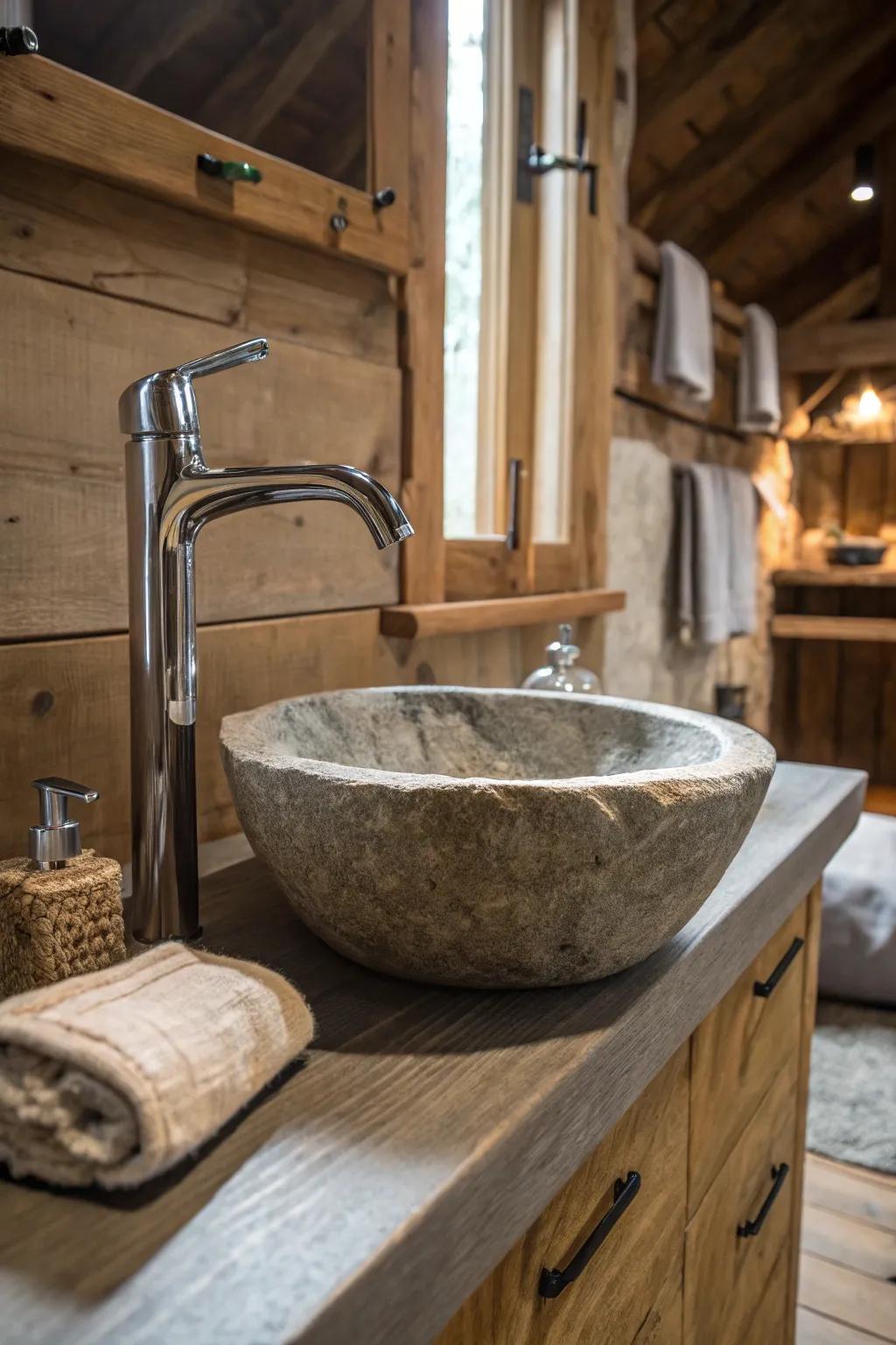 The blend of metal and stone crafts a striking rustic contrast.