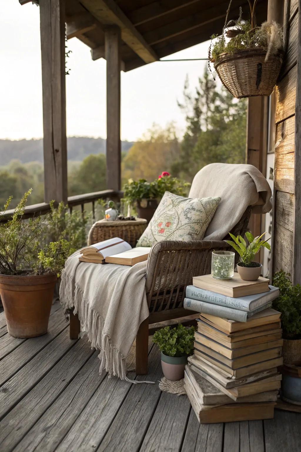 A reading nook is a perfect retreat on this rustic deck.