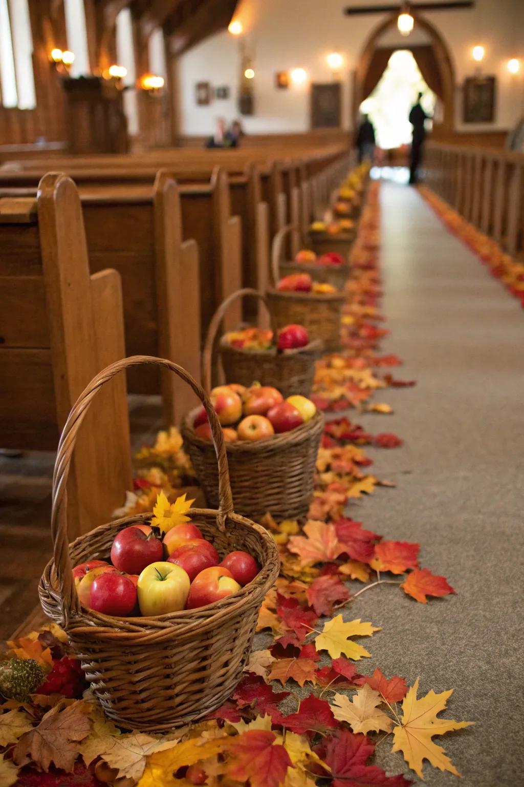 Seasonal foliage creates a vibrant and natural aisle.