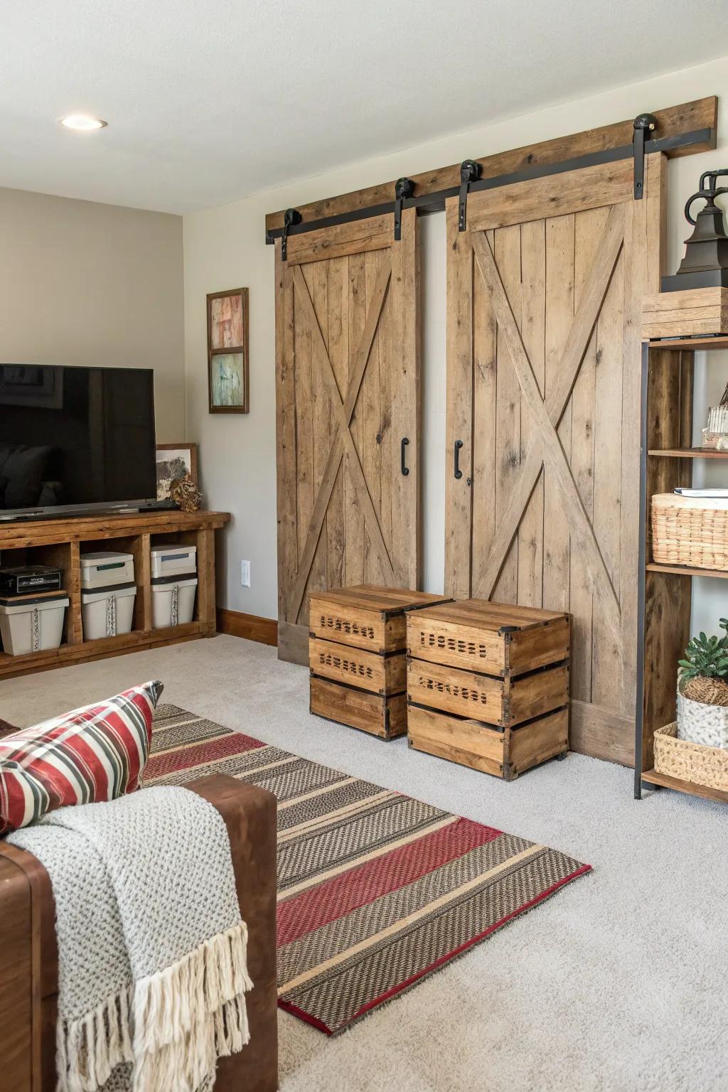 Farmhouse touches add quaint charm to the family room.