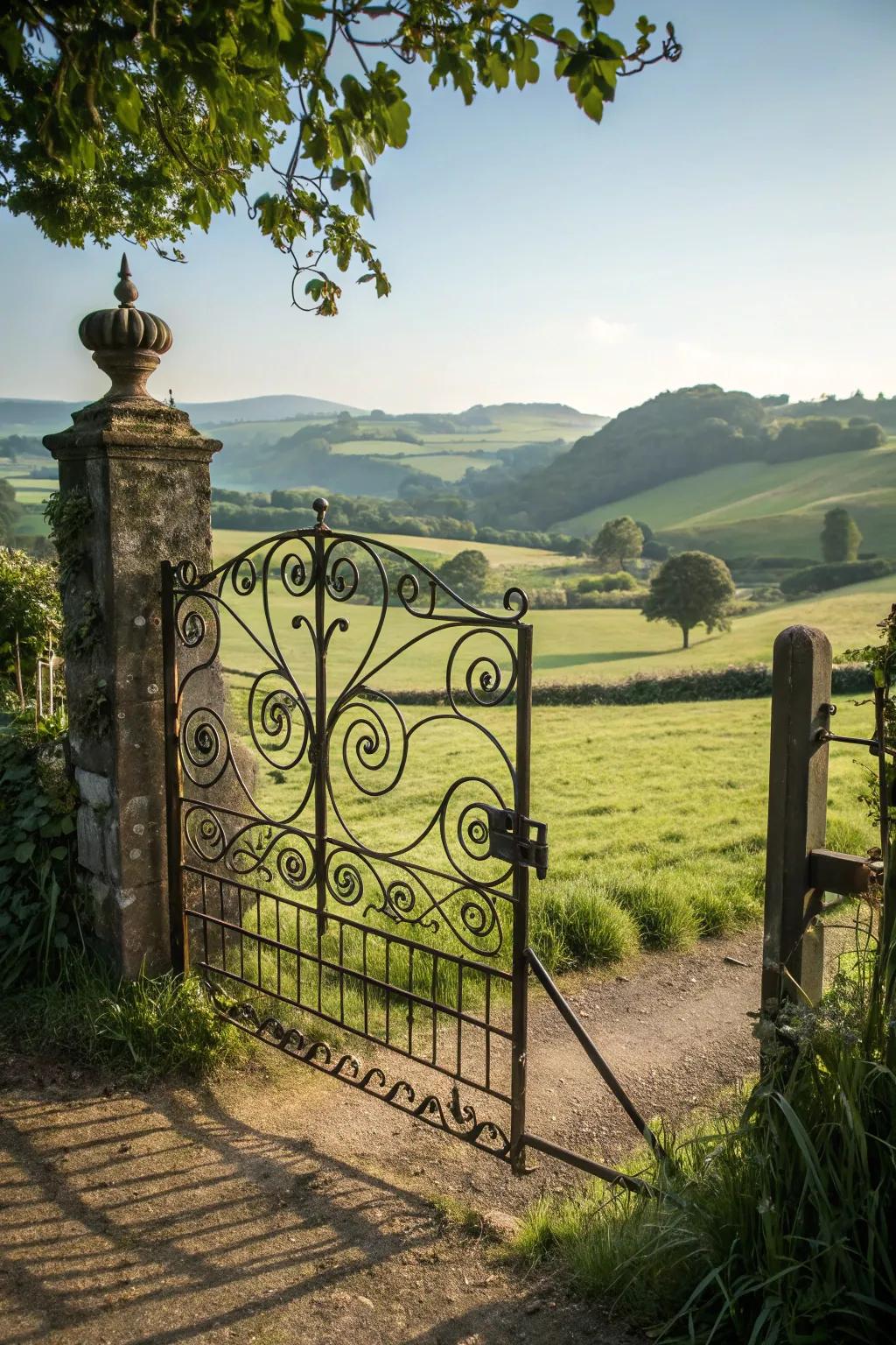 Elegance through intricate iron scrollwork on a farm portal.