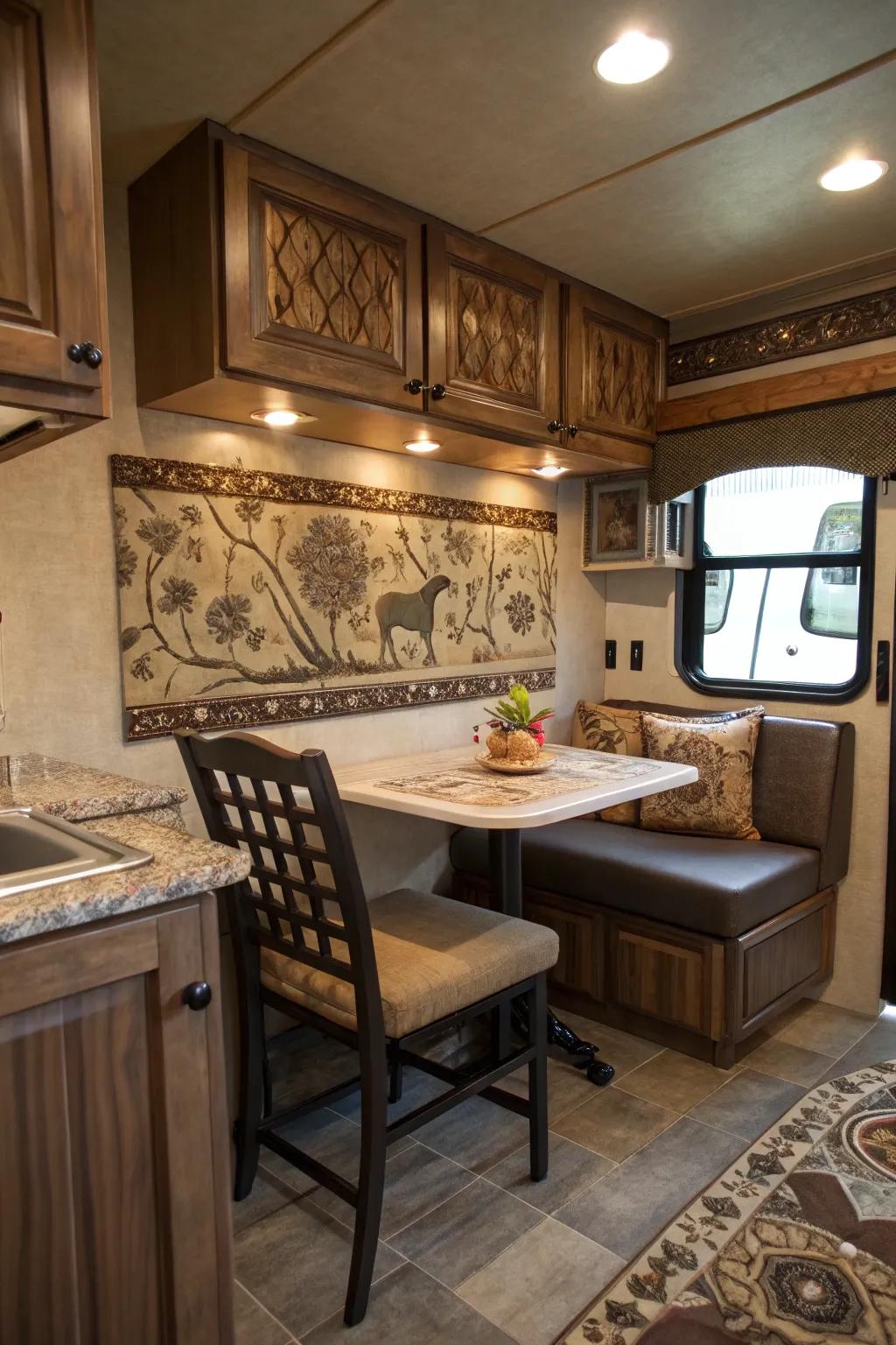 An ornamental backing injects flair into your mini-kitchen.
