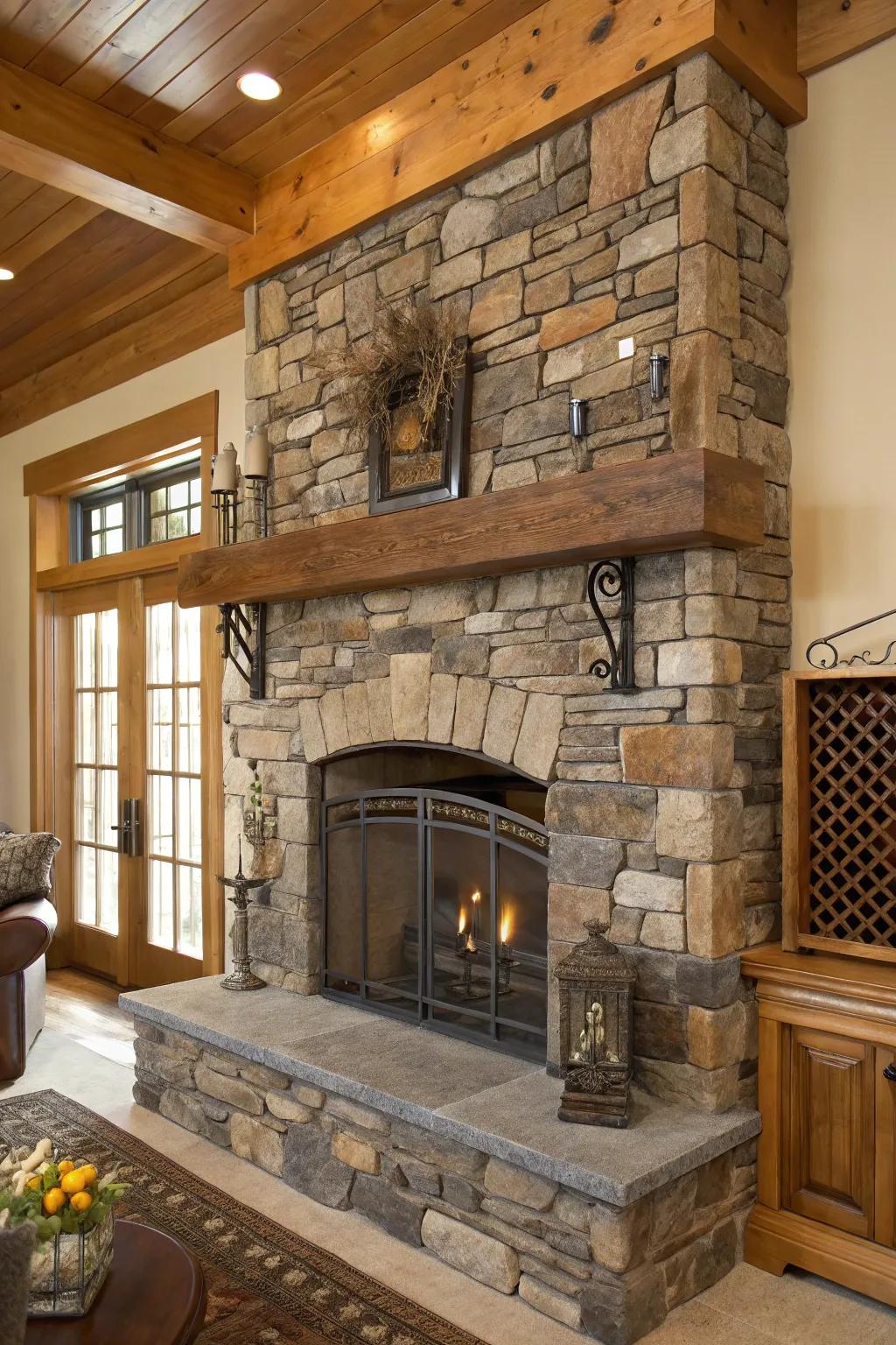 Mixed materials create a textured and dynamic look for this fireplace.