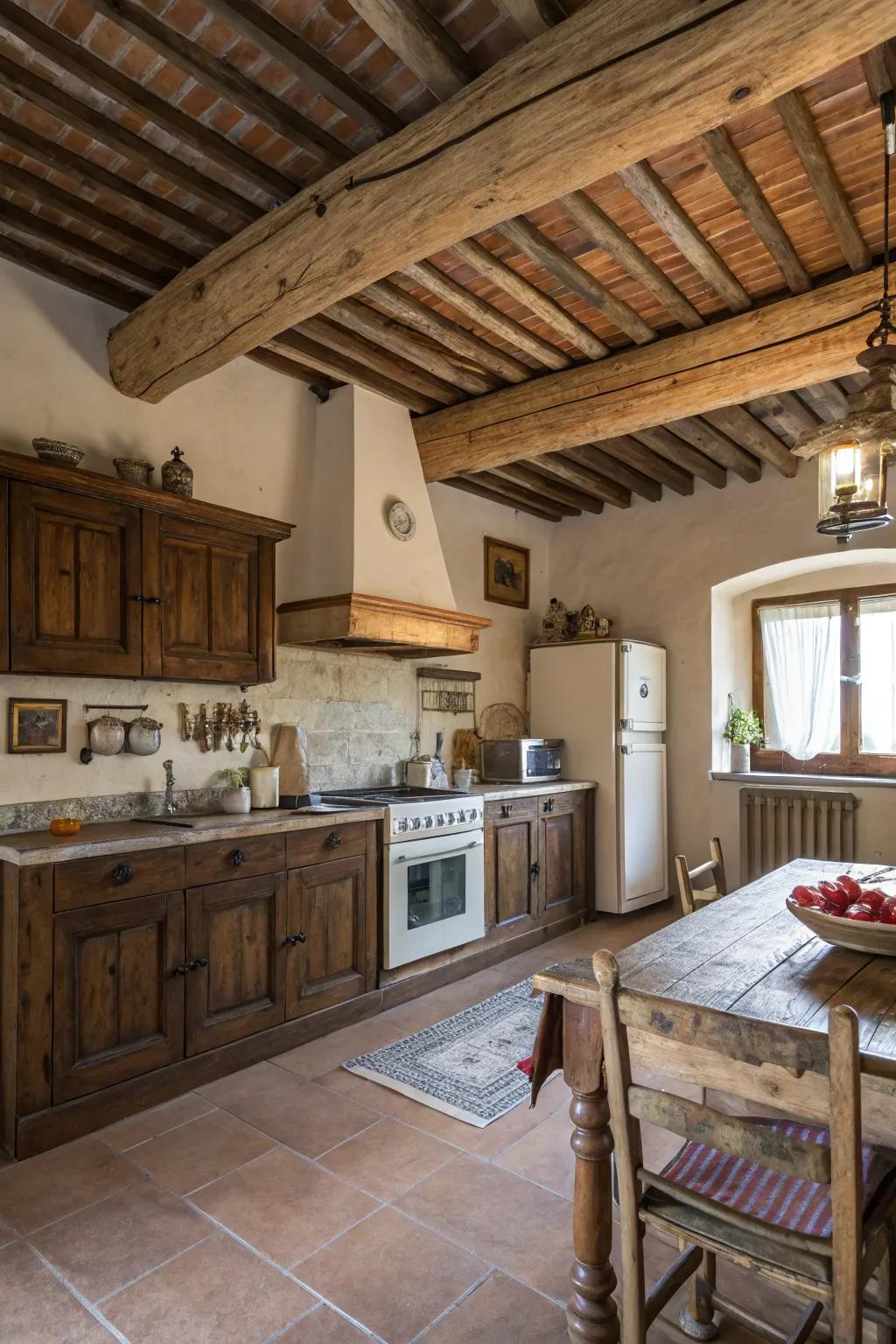 Exposed beams contribute structural splendor and coziness to rustic kitchens.