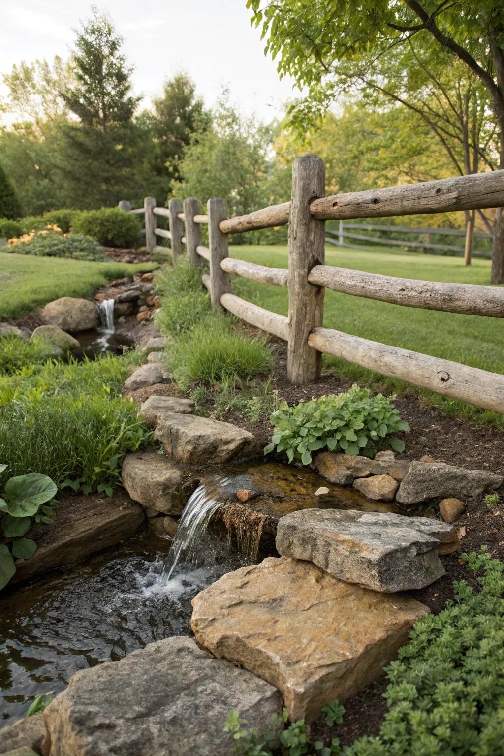 A timber boundary gracefully incorporates a liquid feature, augmenting the garden's tranquility.